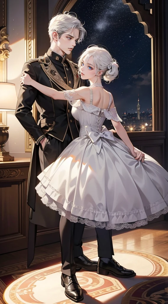romantic couple look at each other, the man pick the woman up, white-haired mature man,Girl with brown short hair with fringe (soft smile, shy),different height ((the man is taller)), glowing stars,Glow effects, the night,in the ball room,The face is clear and accurate,detail in face,super-fine,castle,16K resolution,high quality, High picture detail,dynamic viewing angle,Epic shooting,oc rendered, dancing floor, detailed light, detailed shadow