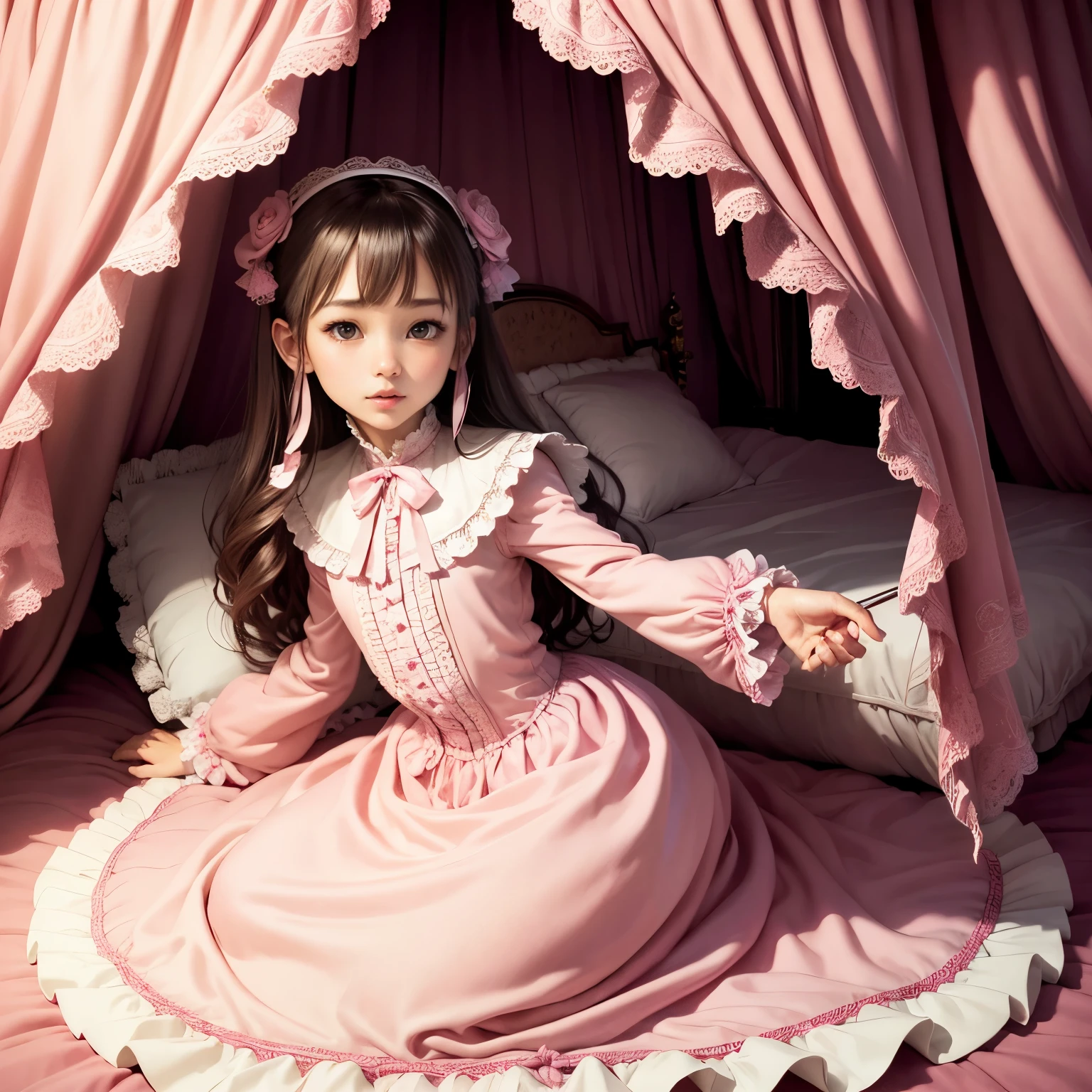 (masterpiece, 最high quality, high quality, High resolution, Super detailed), (King size luxury princess bed with pink giant canopy),luxurious square canopy,four poster bed,pink ruffled curtains,fluffy pillow with frills,many frilly pillows on the bed,A soft and fluffy futon,Lovely princess duvet cover,bed skirt with ruffles,high qualityのプリンセスベッド,The entire bed is reflected,luxury mansion bedroom, girl,,二人のgirlはお姫様です,pink victorian dress,long sleeve,long dress,A dress with lots of frills and ribbons,high qualityなドレス,high qualityなお姫様,