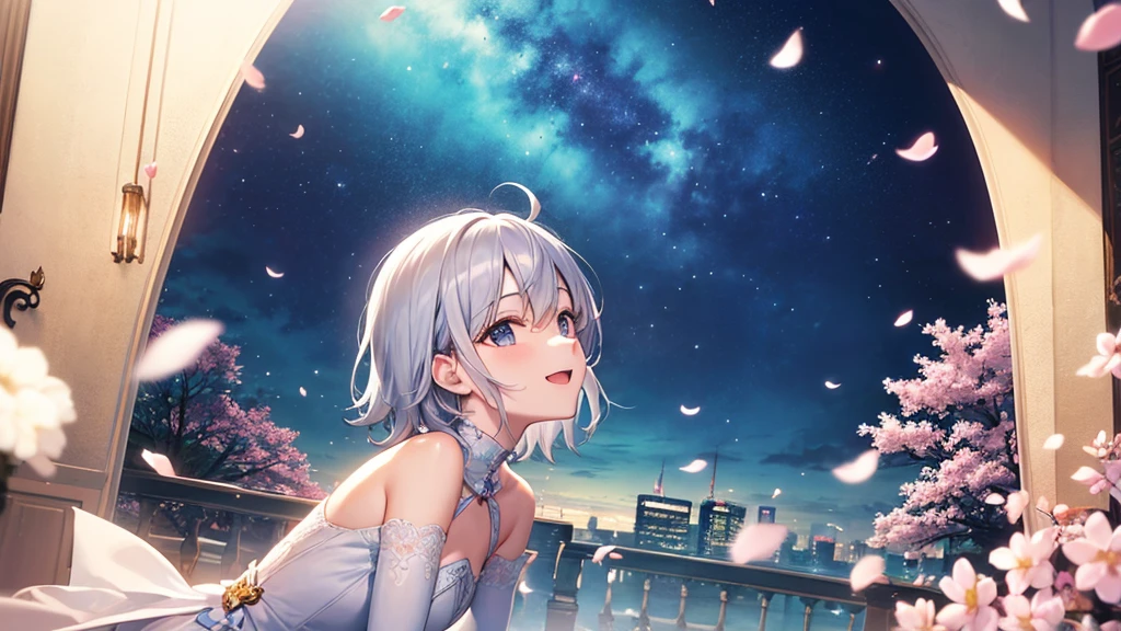 super high quality, with a girl, 20-year-old, very short hair, long bangs between the eyes, gray eyes , blue sky, sunlight, very detailed,(masterpiece、highest quality)、alone、gray hair、laughter、fantasy, silver hair, black eye, beautiful eyes,, ecstasy, charm, be smitten with audience, fantasyな風景、Princess、white clothes、cherry blossoms、night