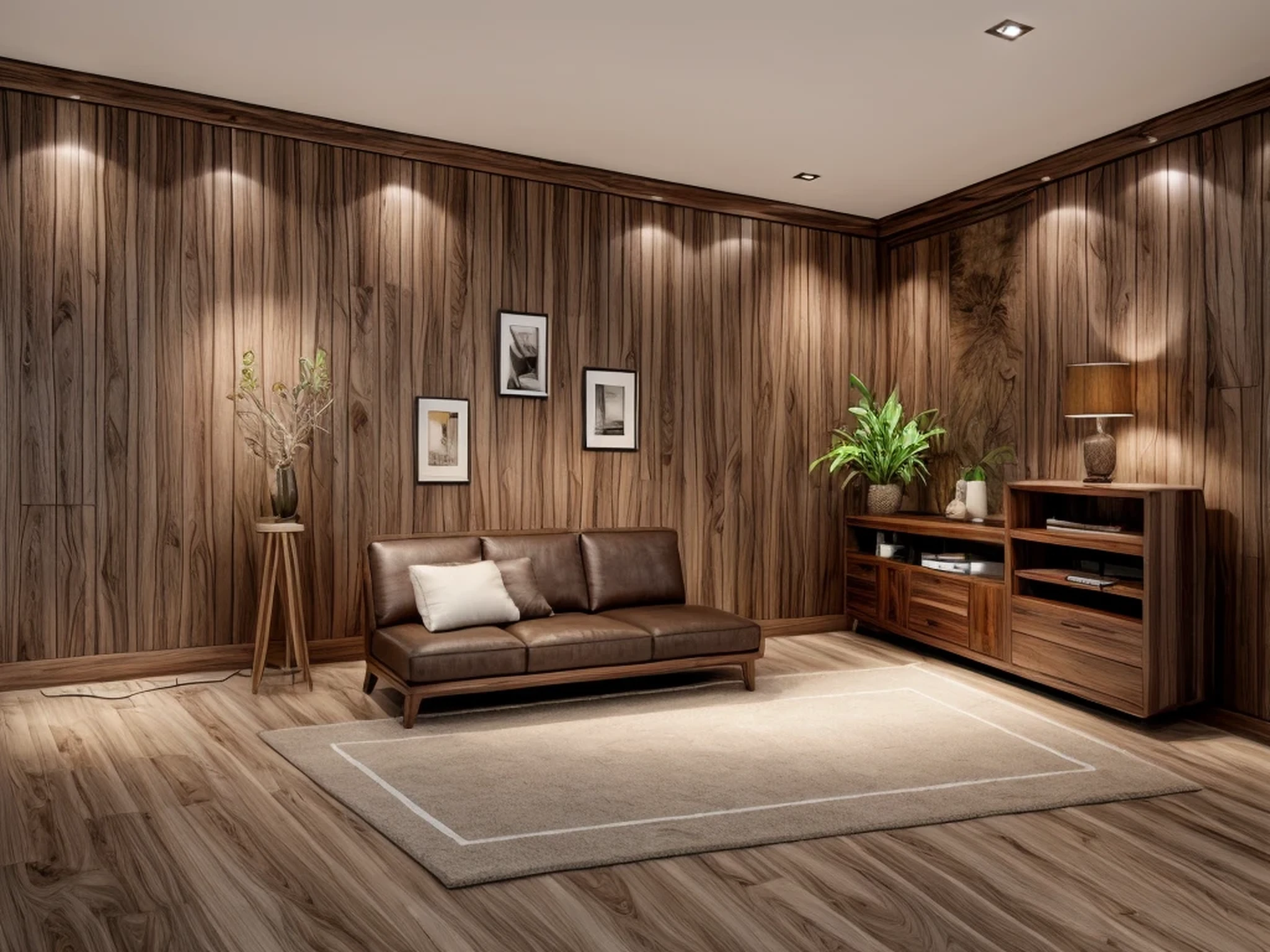 realistic photo of walnut sofa, living room with art on wall, decor, thảm trải sàn, table lamp