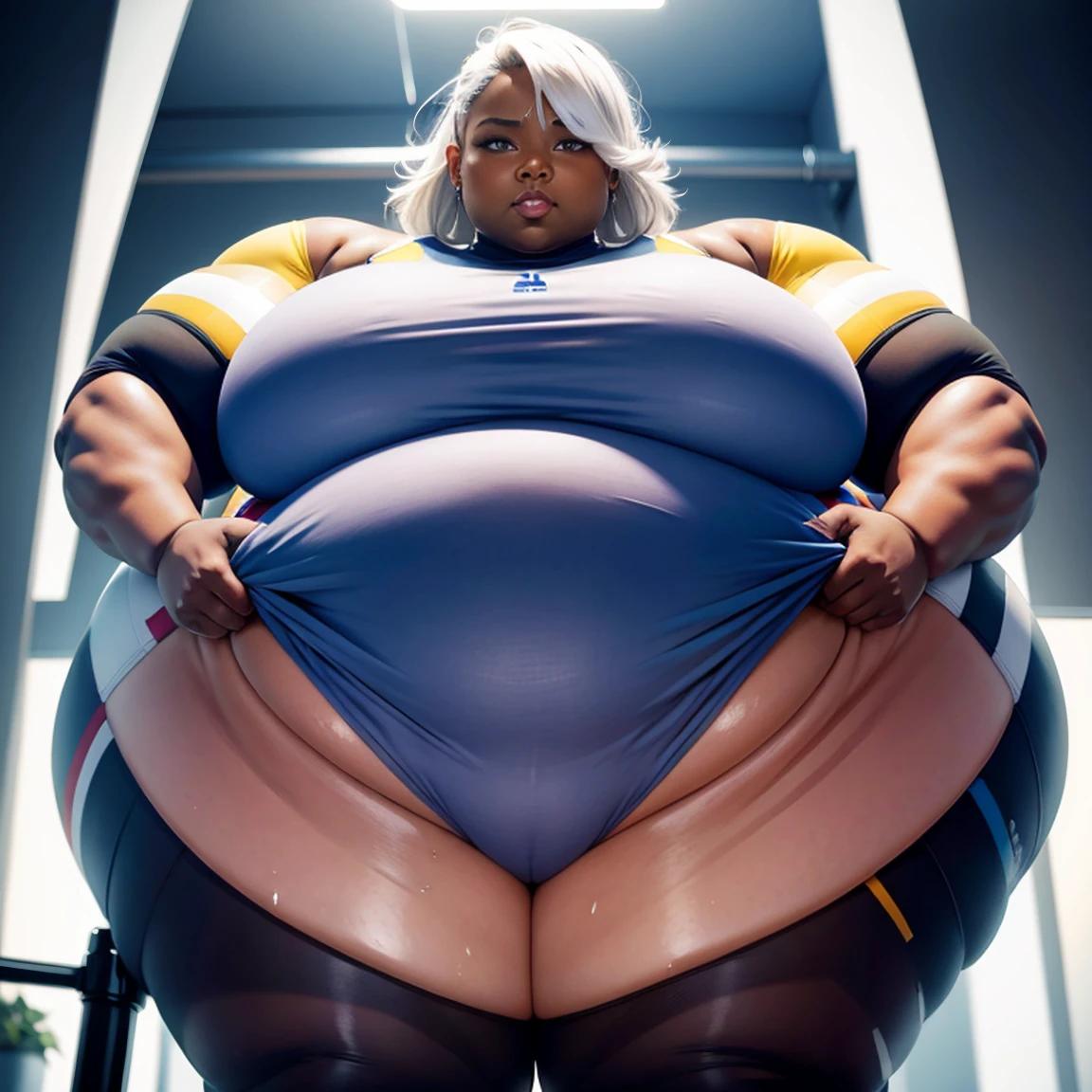 ((Dark skin)), dark skinned female, giantess, ((strongfat)), ssbbw, obese, ((strong arms)), white hair, blue eyes, tall, looming over viewer, (gentle smile), (wrestling gear), gigantic, insanely large belly, sweaty, subtle blush, (bare arms), ((biceps)), ((flexing)), leotard, fingerless gloves 