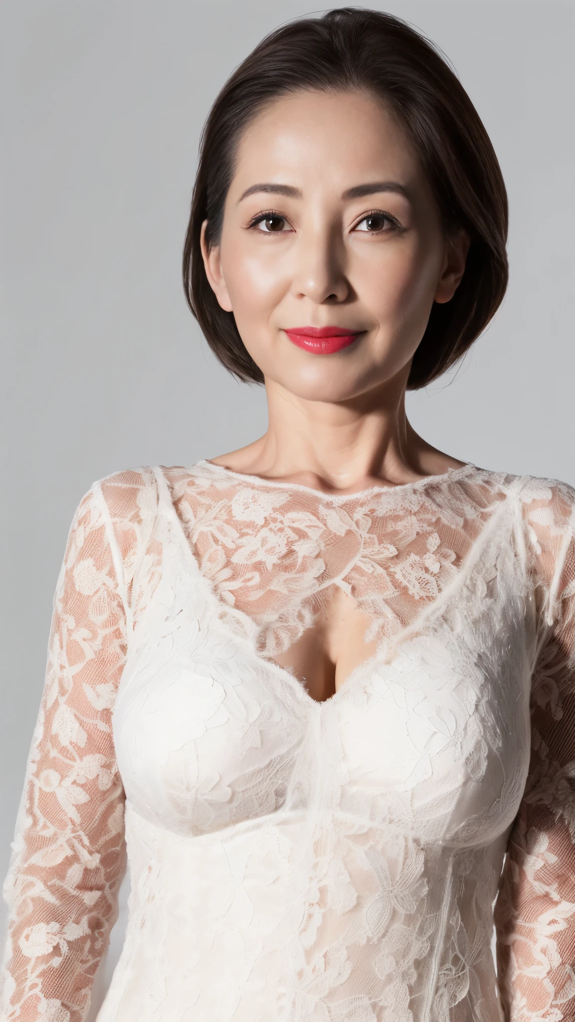 remove background, in the spotlight, gravure, facing the front, ((old)), flashy makeup, red lips, from the chest up, masterpiece, highest quality, Super detailed, realistic, super dense skin, perfect anatomy, (1 Japanese mature woman), (alone), 120 years old, big breasts, Mature Pornstar, Glamour, sexy, pure white skin, looking at the viewer,