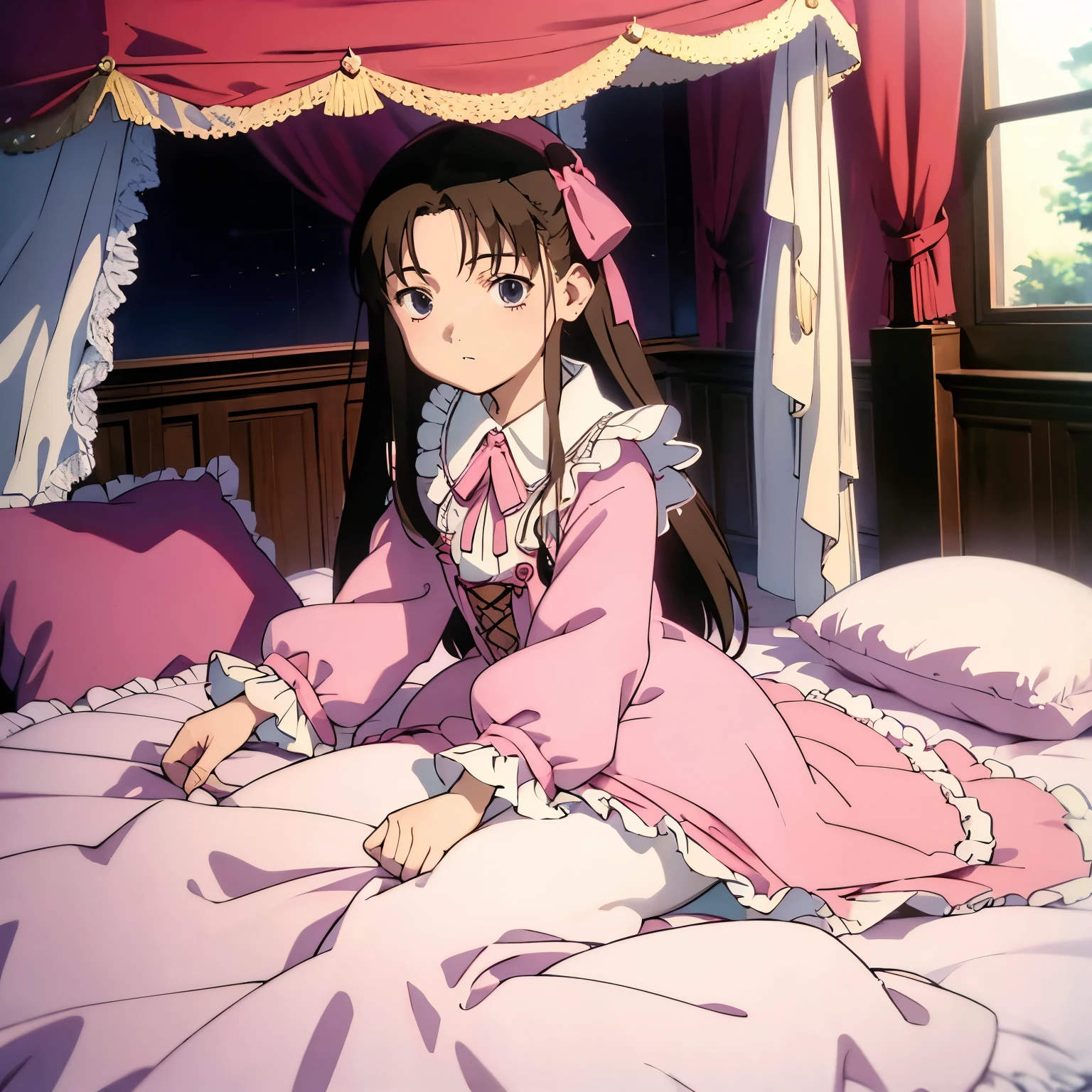 (masterpiece, 最high quality, high quality, High resolution, Super detailed), (King size luxury princess bed with pink giant canopy),luxurious square canopy,four poster bed,pink ruffled curtains,fluffy pillow with frills,many frilly pillows on the bed,A soft and fluffy futon,Lovely princess duvet cover,bed skirt with ruffles,high qualityのプリンセスベッド,The entire bed is reflected,luxury mansion bedroom, girl,,二人のgirlはお姫様です,pink victorian dress,long sleeve,long dress,A dress with lots of frills and ribbons,high qualityなドレス,high qualityなお姫様,