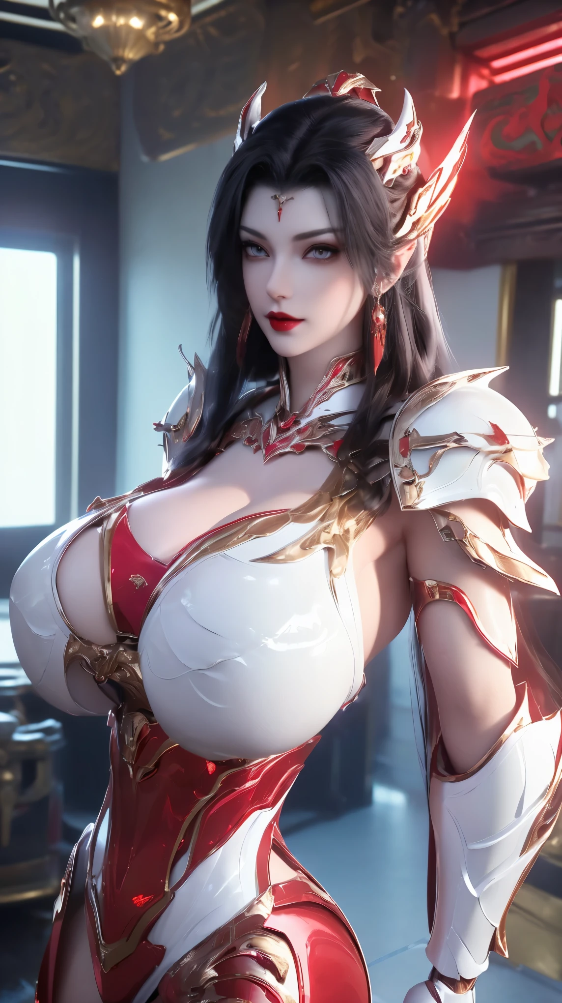 A BUSTY MILF, PORTRAIT,UPPER BODY,SOLO,(BEAUTY purple HAIR, GOLD DRAGON HORN), (MASSIVE FAKE BOOBIES,CLEAVAGE TOP,MUSCLE ABS:1.5), ((WEARING OUTFIT (LED RED, WHITE, BLACK) SHINY ROBOT MECHANICAL BIKINI ARMOR:1.5)),(CURVY VOLUPTUOUS BODY MATURE WOMAN:1.5), (SWEATY GLOSSY BODYSKIN:1.5), (LOOKING AT VIEWER:1.5),(BACKGROUND FUTURISTIC SPACE STATION:1), (PHOTOREALSITIC:1.4), (ULTRA-DETAILLIERT), (TOP-QUALITY), (BEST SHADOWS), BRIGHT LIGHT IN ROOM, HYPER TEXTURE, (4X MSAA), ((UNREAL ENGINE 5 RENDER)), PHYSICALLY-BASED RENDERING, ULTRA HIGHT DEFINITION, 16K, 1080P.