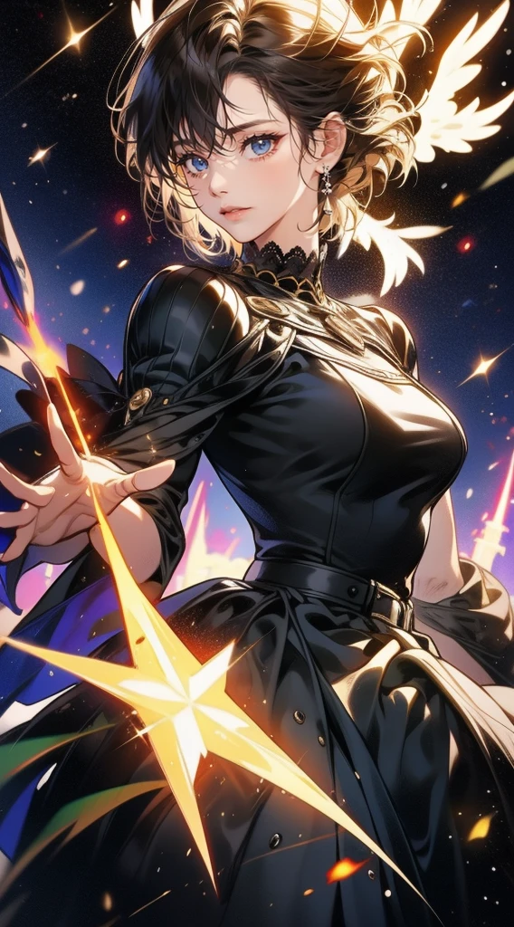 ith brown short hair with fringe (soft smile, shy)，different height ((the man is taller)), glowing stars，Glow effects, the night，in the ball room，The face is clear and accurate，detail in face，super-fine，castle，16K resolution，high quality, High picture detail，dynamic viewing angle，Epic shooting，oc rendered, dancing floor, detailed light, detailed shadow