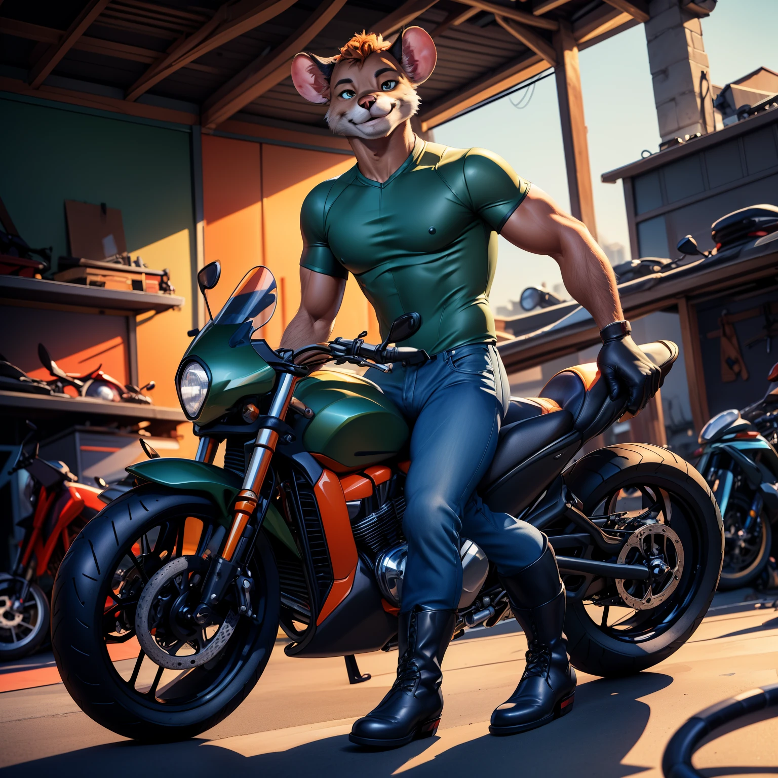 sexy orange fur mouse man, furry anthro, Nick wild, green shirt and blue jeans, no hair, solo, low angle view, (body fur:1.3), mouse thin tail, gray fur, (best quality:1.1), sexy pose, looking at viewer, (motorbike workshop background:1.2), partially clothed, soft lighting, sexy smile, black boots, 8k, UHD.