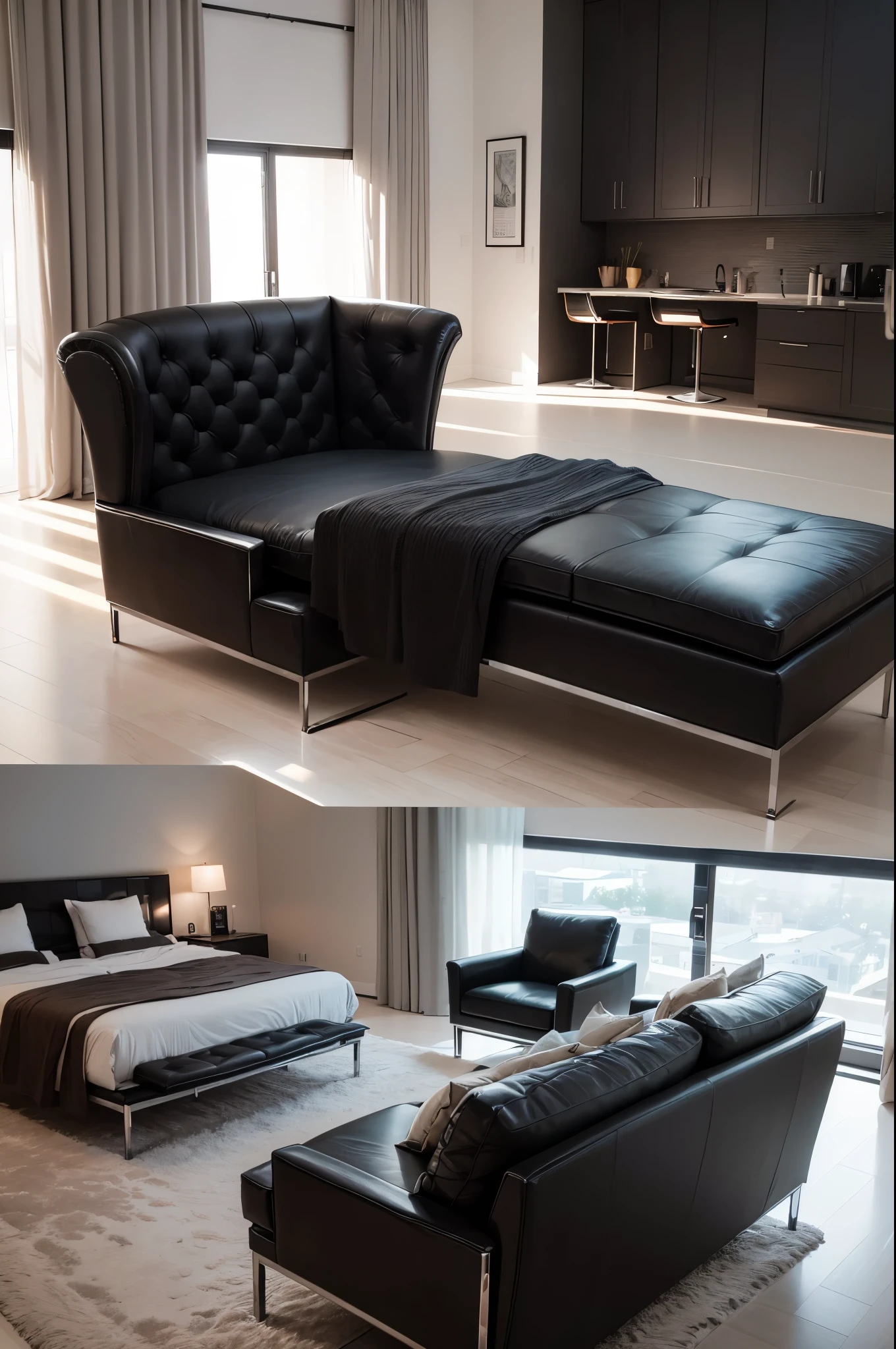 The property features modern design furniture, including armchairs upholstered in black and gray leather, tempered glass coffee tables with chrome bases,Luxurious queen bed and black leather chair, Autumn elements are required