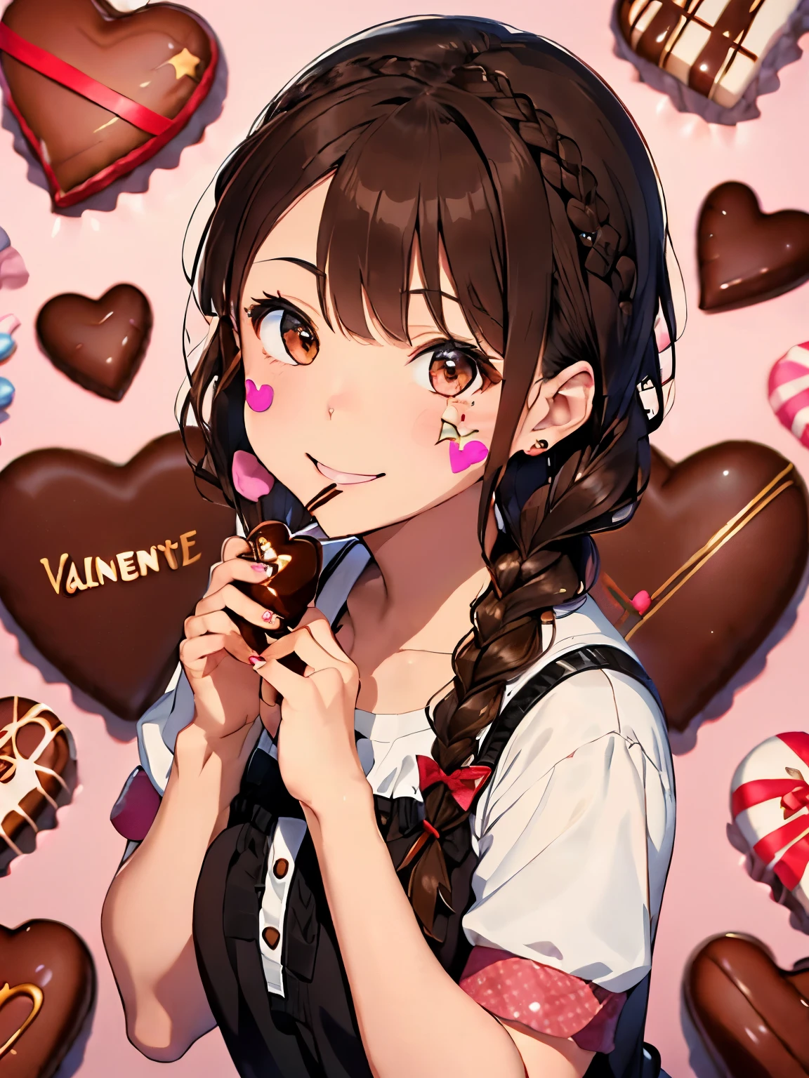 (brown hair:1.4),(brown eyes:1.4),((Braided shorthair:1.3)),((With bangs)),((Valentine:1.4)),(Chocolate making:1.5),(Chocolate on your face or hands:1.5),(blush),((smile:1.2)),((A colorful and cute world studded with hearts and stars:1.3))