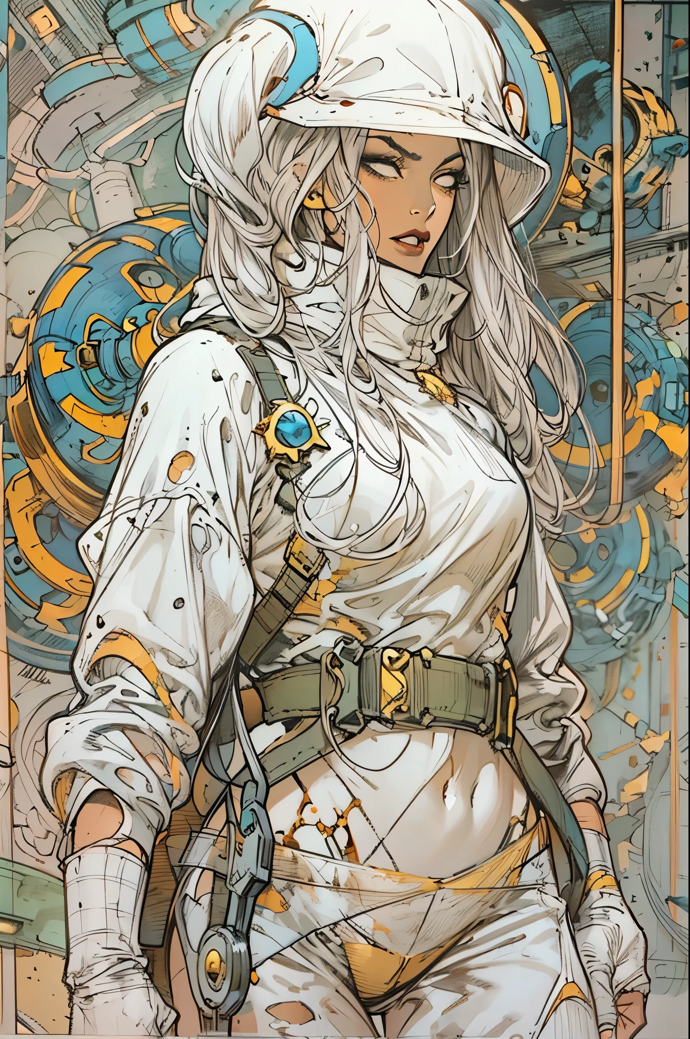 1monk warrior girl with white techwear clothes, white long hair, laces, abstract vintage scifi background, art by Moebius, art by Ashley Wood