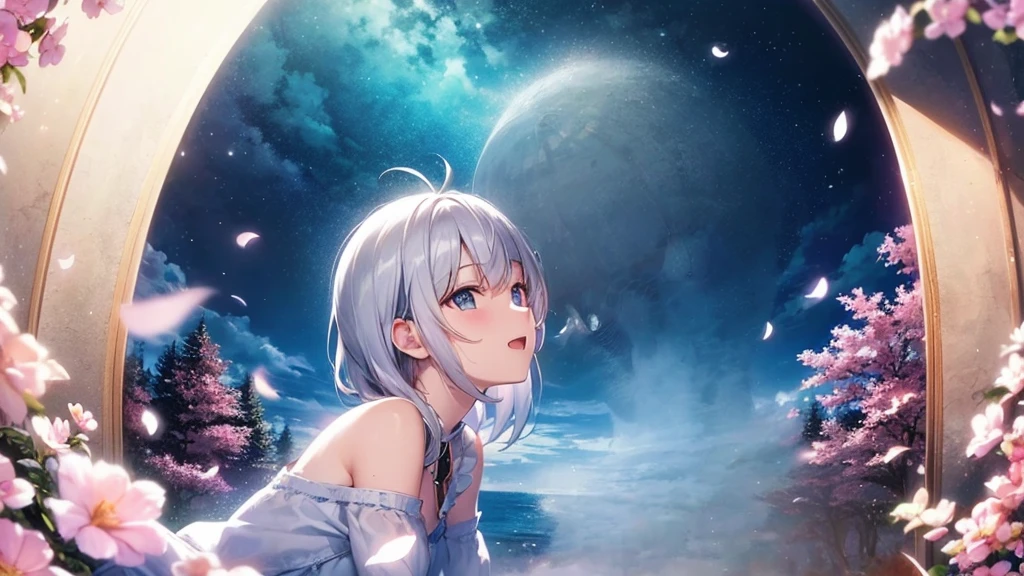 super high quality, with a girl, 20-year-old, very short hair, long bangs between the eyes, gray eyes , blue sky, sunlight, very detailed,(masterpiece、highest quality)、alone、gray hair、laughter、fantasy, silver hair, black eye, beautiful eyes,, ecstasy, charm, be smitten with audience, fantasyな風景、Princess、white clothes、