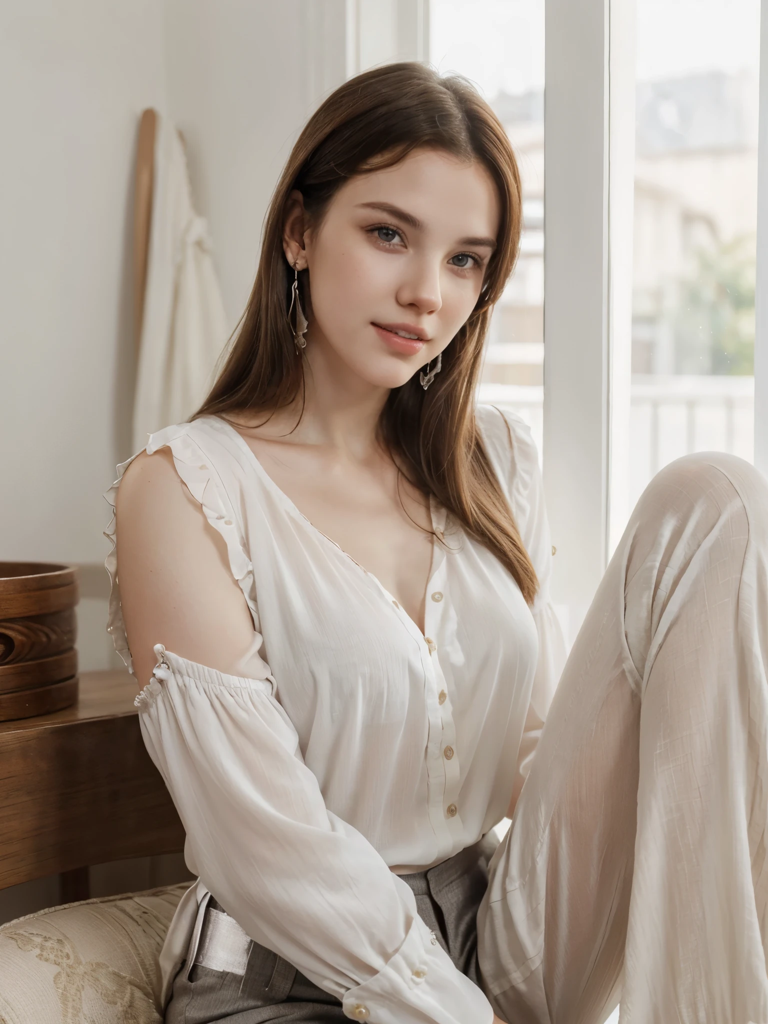 there is a woman Isabella Duvall (((with a blouse and pants))) with a very pretty face posing for a picture, beautiful face and flawless skin, woman with porcelain skin, young woman's face, young beautiful face, youthful face, prominent cheekbones, beautiful face woman, beautiful delicate face, smooth facial features, beautiful young face, young female face, smooth porcelain skin, beautiful fine face features, young beautiful woman, brown hair, grey eyes, overbite, french girl, white gold earrings, grin, feminine curves
