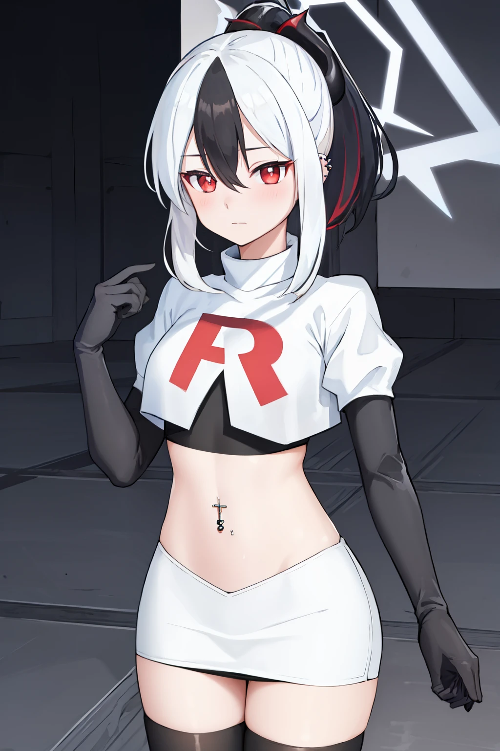 best quality, masterpiece, highres, solo, {kayoko_bluearchive:1.15}, black_hair, multicolored_hair, white_hair, horns, two-tone_hair, red_eyes, bangs, halo, piercing, hair_between_eyes, ear_piercing, ponytail, blush, earclip, long_hair, team rocket,team rocket uniform, red letter R, white skirt,white crop top,black thigh-highs,black elbow gloves