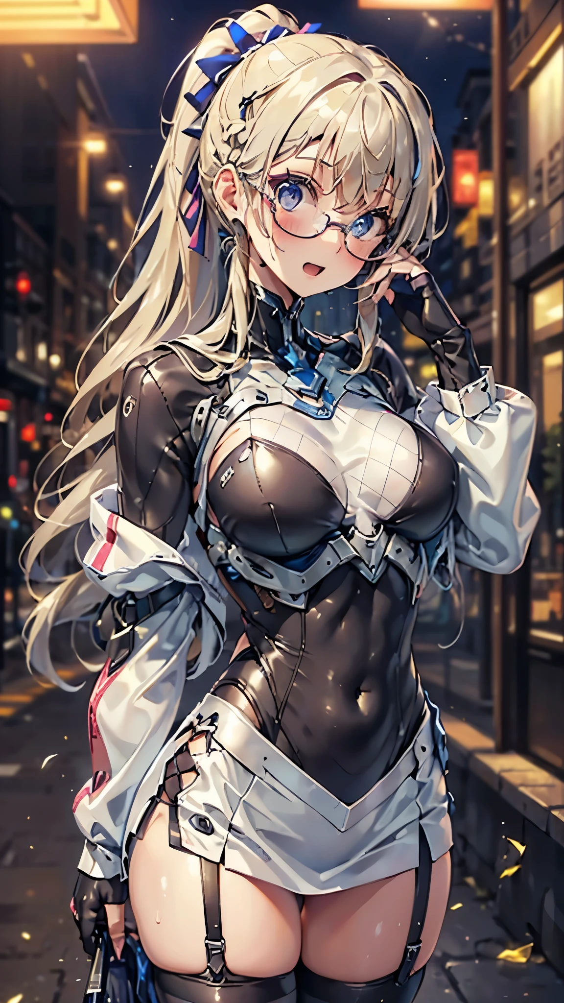 woman,14 years old,,city,night,(((white and blue tight miniskirt bodysuit))),,open mouth smile((See-through))glasses,((beautiful long ponytail)),(()),blush、surprised face,((())),((blonde))(((On the way to changing clothes)))While taking off my clothes