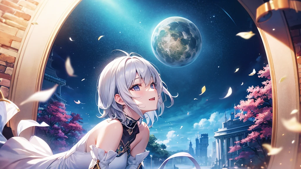 super high quality, with a girl, 20-year-old, very short hair, long bangs between the eyes, gray eyes , blue sky, sunlight, very detailed,(masterpiece、highest quality)、alone、gray hair、laughter、fantasy, silver hair, black eye, beautiful eyes,, ecstasy, charm, be smitten with audience, fantasyな風景、Princess、white clothes、