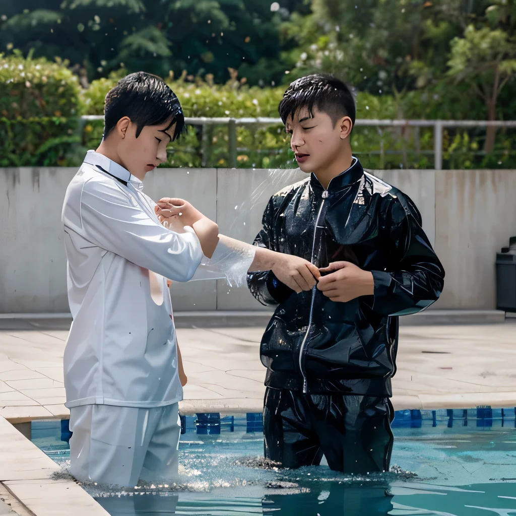 Two Chinese boys  wearing school uniforms with long sleeves and long pants splashed water on each other in the swimming pool，The whole body is soaked