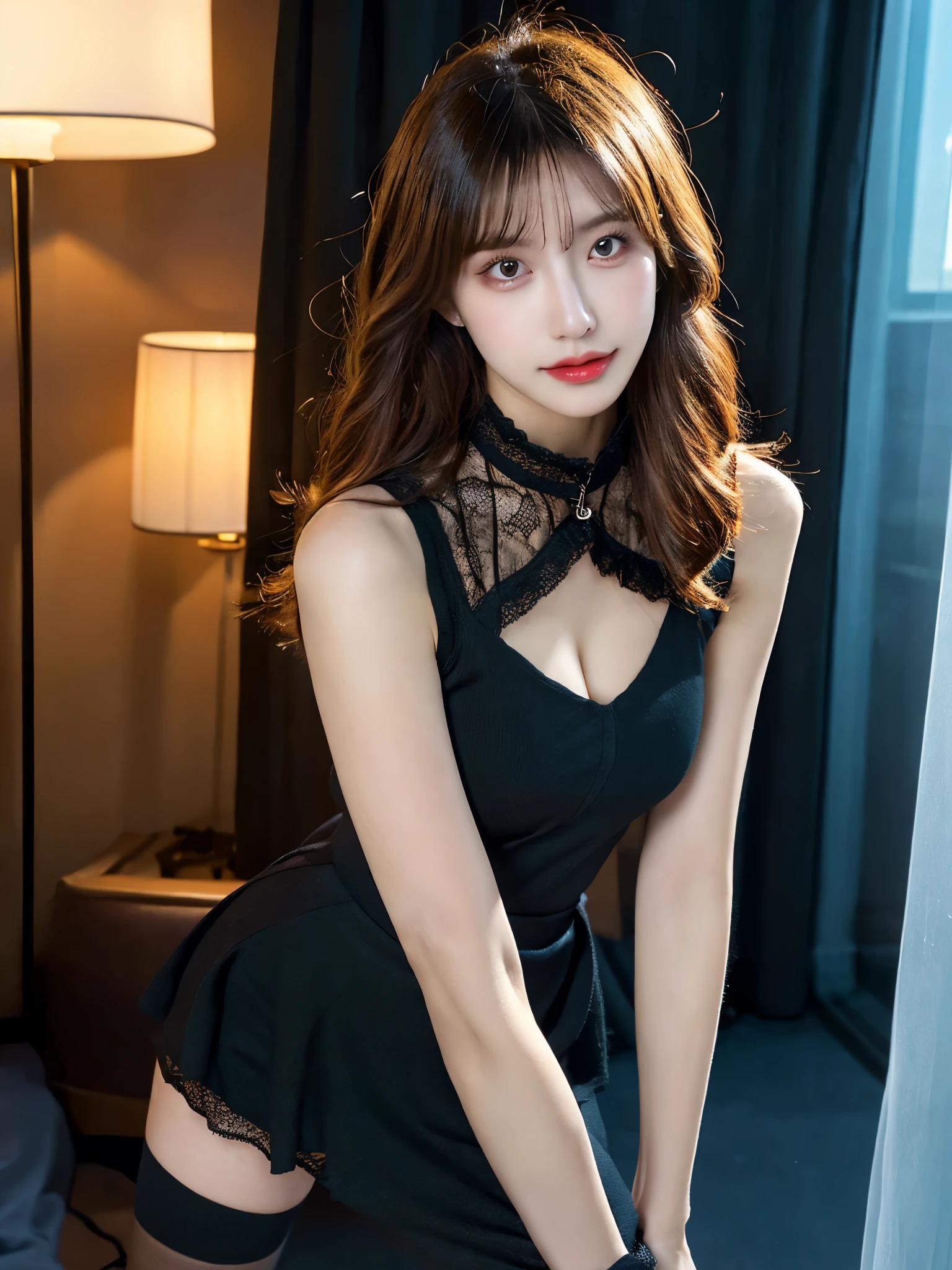 (8k, UHD, best quality, highres, award winning, high quality, high details, super detail, textured skin, anatomically correct, masterpiece, ccurate, retina), Korean female model, Height 175 cm, perfect bodies, Long legs, wavy and long hair, Wearing 0D pantyhose, full lenght shot, (((full body: 1.5))), Sexy pose, Draped skirt, Dressed in black lace, The whole body in black, Thin stockings, tightly dress, tightly mini skirt, tightly v-neck shirt, shirt with a collar, ray tracing