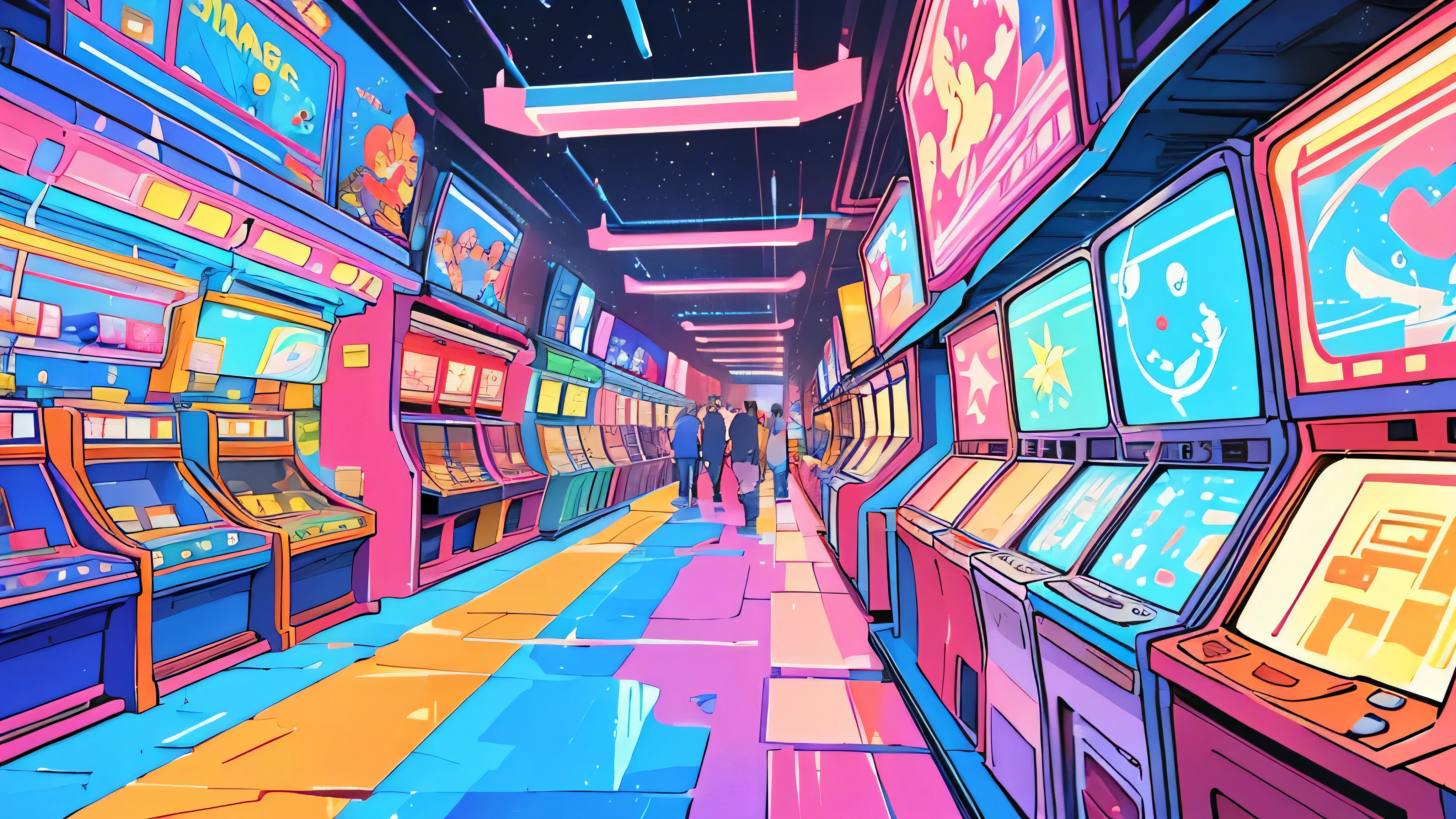 The lighting is gorgeous，rich and colorful，An amusement park filled with gashapon machines，The crowd is surging，bright，big occasion，Cosmic elements，There are many cartoon animals in the arcade