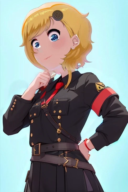 cute, small, short, flat, masterpiece, detailed, high quality, absurdres, Tanya Degurechaff, 1girl, solo, evil grin, curvy, military, military uniform, pussy peak, no panties