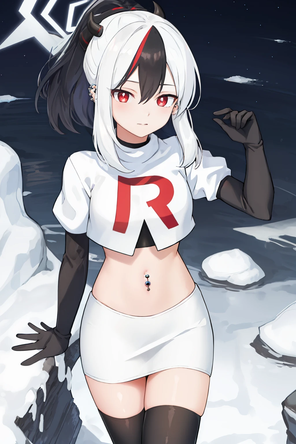 best quality, masterpiece, highres, solo, {kayoko_bluearchive:1.15}, black_hair, multicolored_hair, white_hair, horns, two-tone_hair, red_eyes, bangs, halo, piercing, hair_between_eyes, ear_piercing, ponytail, blush, earclip, long_hair, team rocket,team rocket uniform, red letter R, white skirt,white crop top,black thigh-highs,black elbow gloves