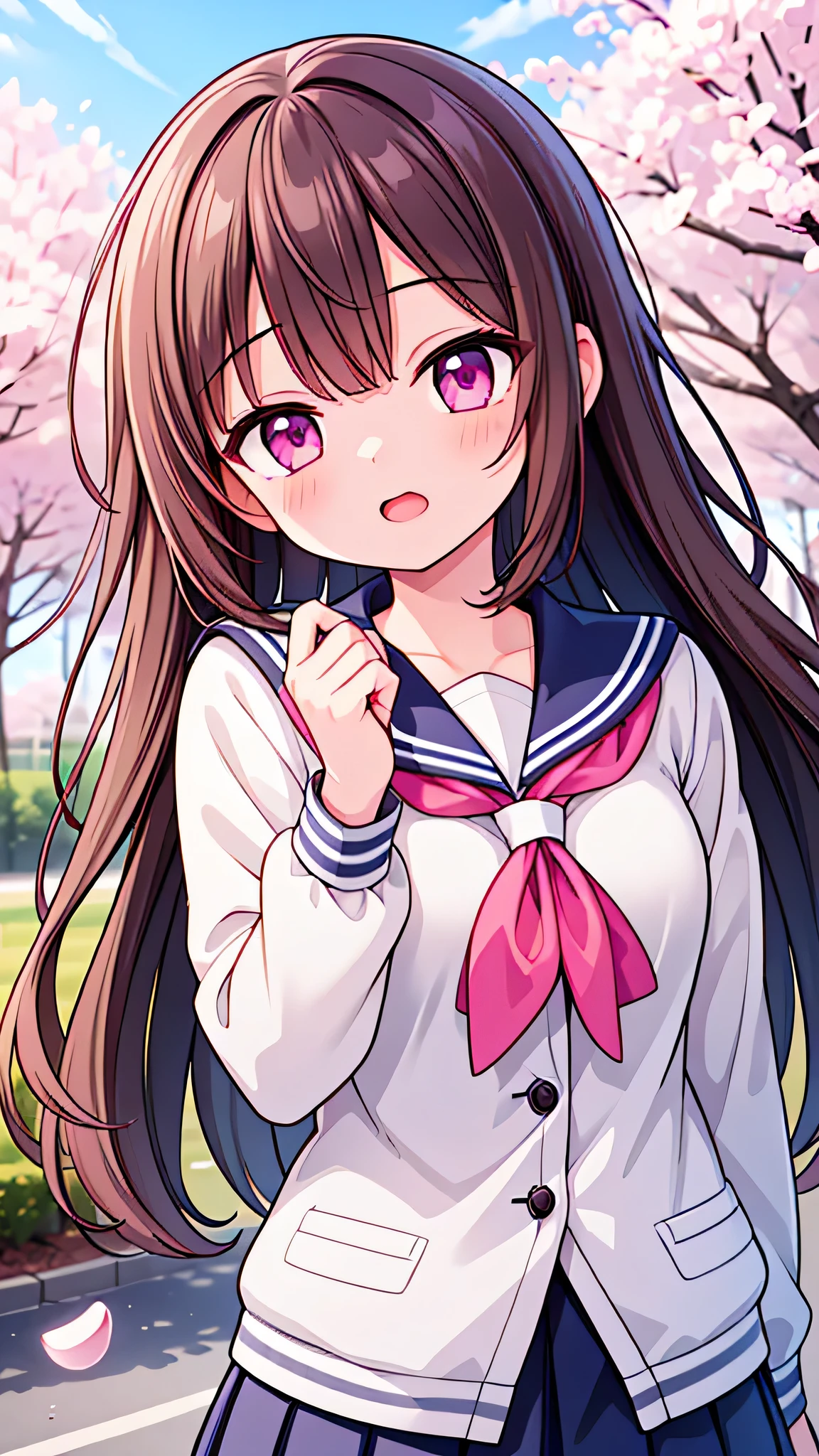 (1girl), (Best Quality:1.4), (Ultra-detailed), (extremely detailed CG unified 8k wallpaper), Highly detailed, High-definition raw color photos, Professional Photography, Peanut butter brown hair, Amazing face and eyes, Pink eyes, (amazingly beautiful girl), sailor uniform, school uniform, School, Spring, cherry blossoms,
