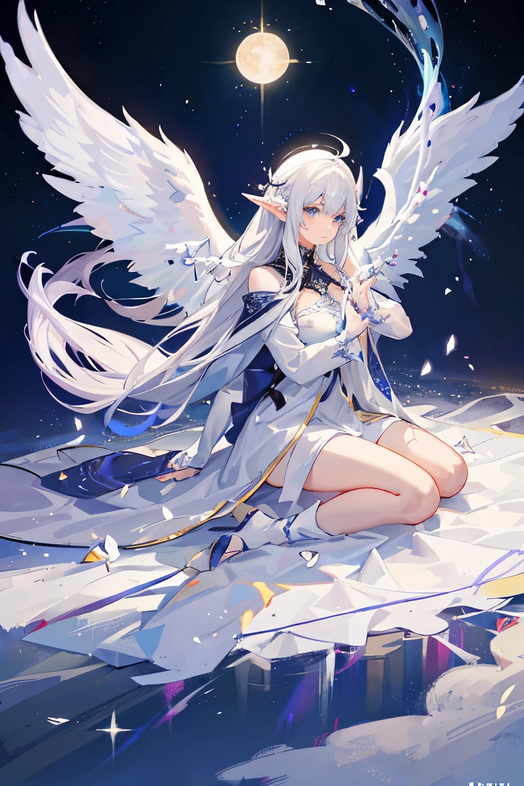 Anime style image of a male angel with white hair and white cloak, White-haired God, Ethereal animation, Young Ten Thousand Angels, glowing angel, Tall anime character with blue eyes, The majestic angel, with white hair, white fox anime, daytime Ethereal animation, god of moon, Elf angel meditating in space, male anime characters，Anime character with white wings flying in the sky， huge white glowing wings， Ethereal animation， god of moon， White-haired God， The majestic angel， angel guide， white wings， glowing angel， infinite angel wings， ethereal light angel， daytime Ethereal animation， Elf angel meditating in space， angel theme， angelic purity， Young Ten Thousand Angels

