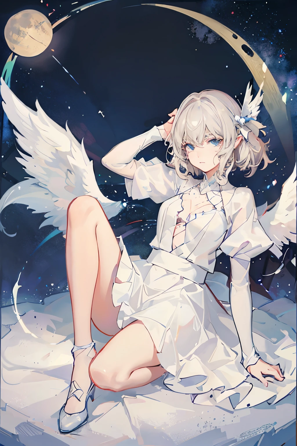 Anime character with white wings flying in the sky， huge white glowing wings， Ethereal animation， god of moon， White-haired God， The majestic angel， angel guide， white wings， glowing angel， infinite angel wings， ethereal light angel， daytime Ethereal animation， Elf angel meditating in space， angel theme， angelic purity， Young Ten Thousand Angels
