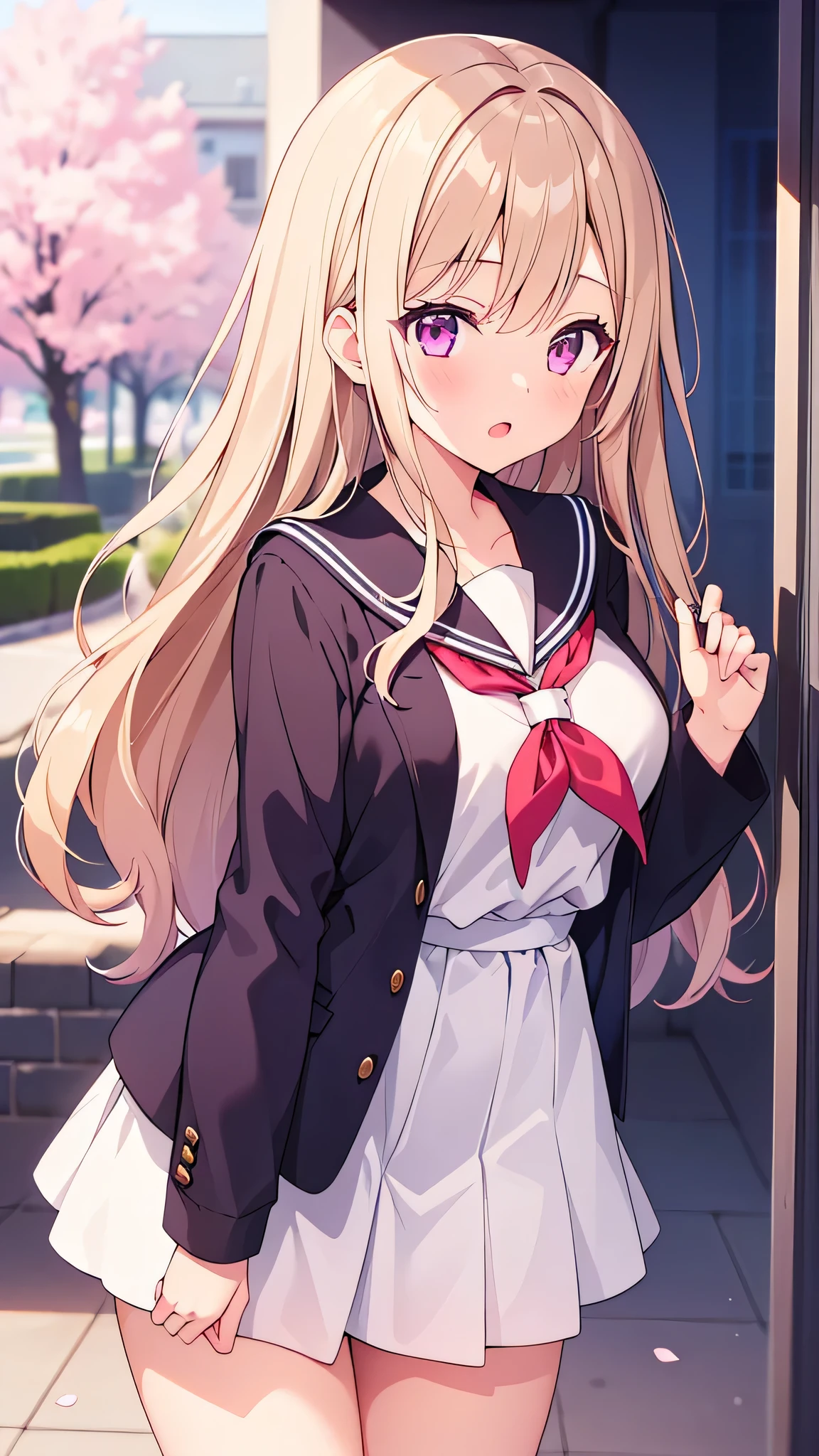 (1girl), (Best Quality:1.4), (Ultra-detailed), (extremely detailed CG unified 8k wallpaper), Highly detailed, High-definition raw color photos, Professional Photography, Peanut butter brown hair, Amazing face and eyes, Pink eyes, (amazingly beautiful girl), sailor uniform, school uniform, School, Spring, cherry blossoms,