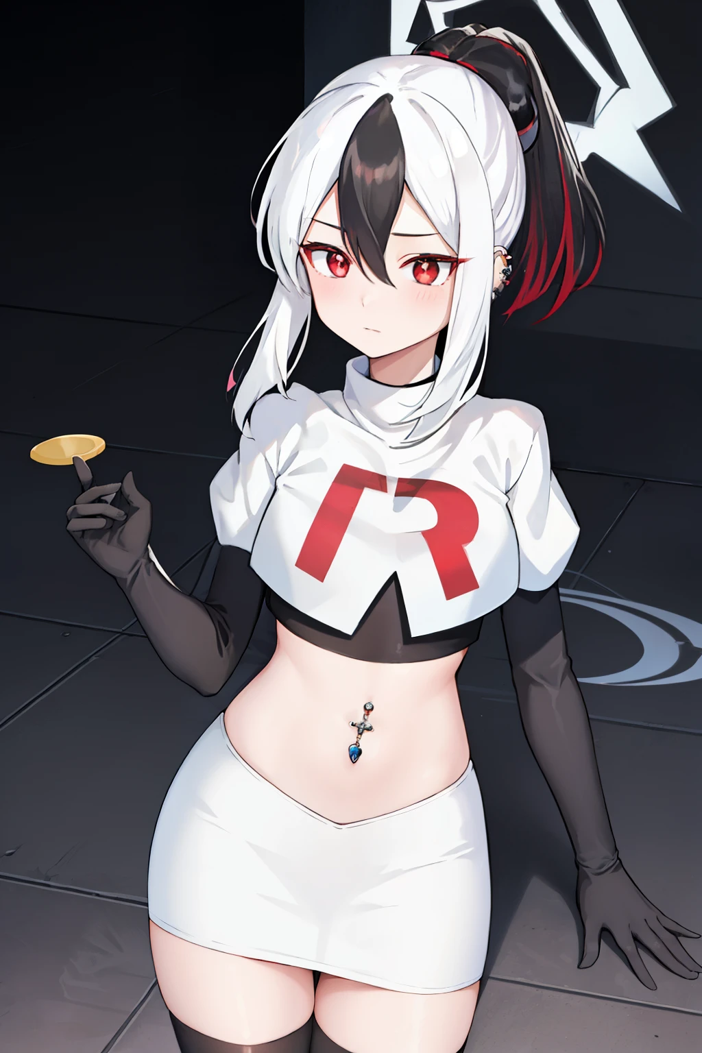 best quality, masterpiece, highres, solo, {kayoko_bluearchive:1.15}, black_hair, multicolored_hair, white_hair, horns, two-tone_hair, red_eyes, bangs, halo, piercing, hair_between_eyes, ear_piercing, ponytail, blush, earclip, long_hair, team rocket,team rocket uniform, red letter R, white skirt,white crop top,black thigh-highs,black elbow gloves