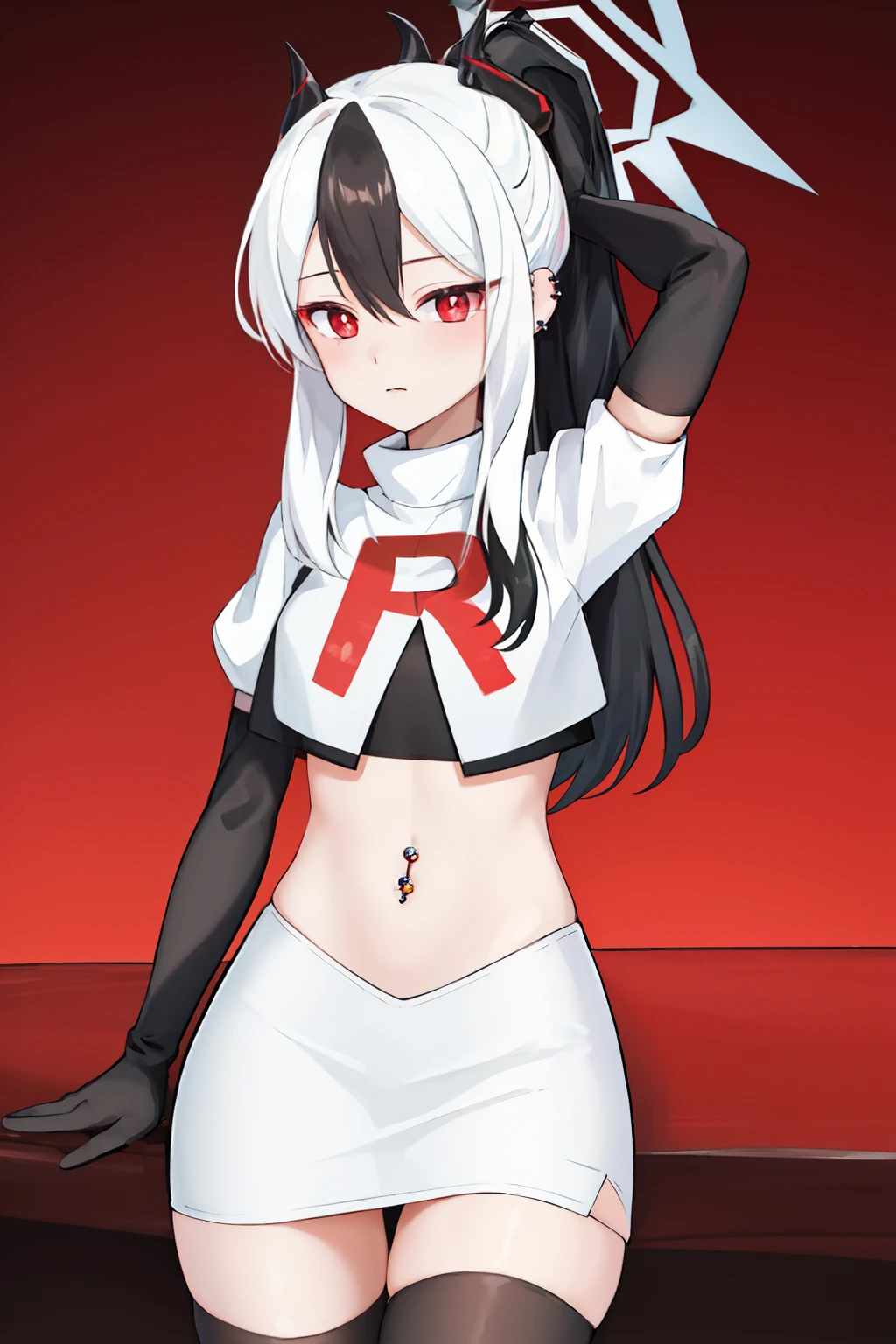 best quality, masterpiece, highres, solo, {kayoko_bluearchive:1.15}, black_hair, multicolored_hair, white_hair, horns, two-tone_hair, red_eyes, bangs, halo, piercing, hair_between_eyes, ear_piercing, ponytail, blush, earclip, long_hair, team rocket,team rocket uniform, red letter R, white skirt,white crop top,black thigh-highs,black elbow gloves