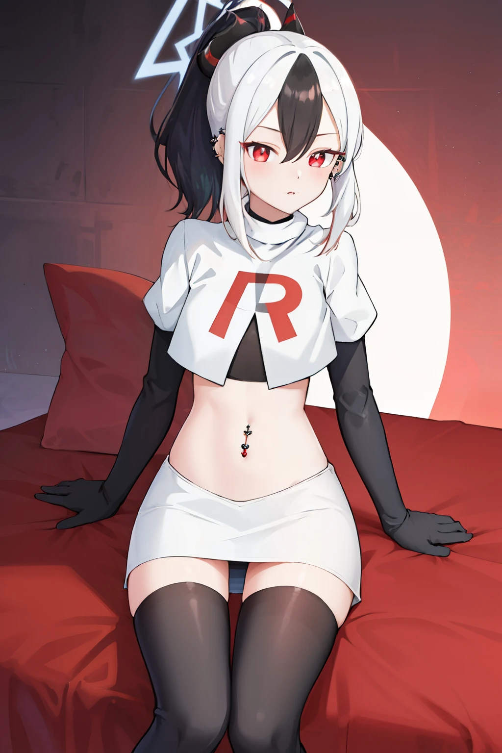 best quality, masterpiece, highres, solo, {kayoko_bluearchive:1.15}, black_hair, multicolored_hair, white_hair, horns, two-tone_hair, red_eyes, bangs, halo, piercing, hair_between_eyes, ear_piercing, ponytail, blush, earclip, long_hair, team rocket,team rocket uniform, red letter R, white skirt,white crop top,black thigh-highs,black elbow gloves