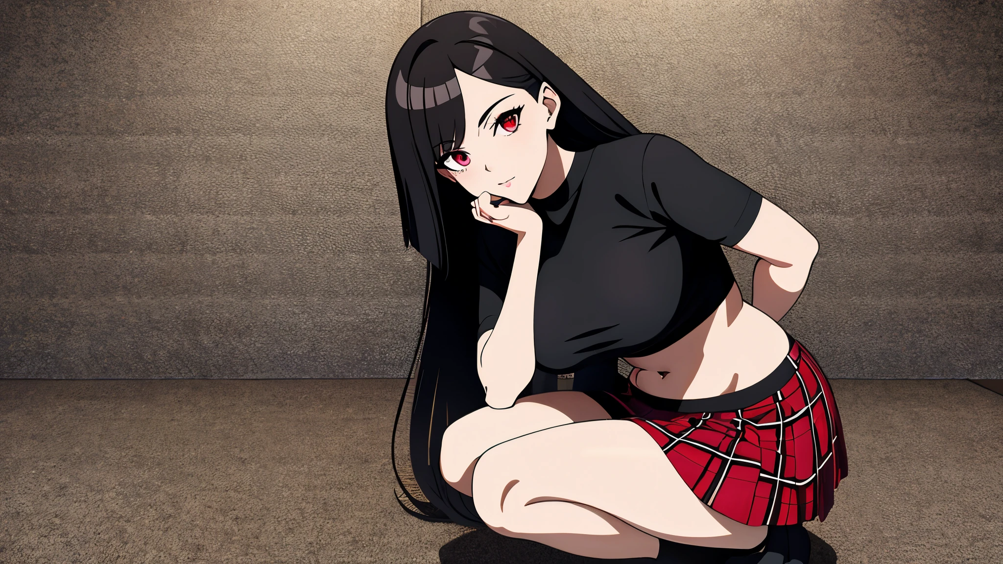 ，（​masterpiece，Highest Quality），crop Top Look，Plaid mini skirt，A dark-haired，carpet, uma mulher de blusa preta e short preto deitada, seductive  anime, estilo de anime ecchi, beautiful  anime squatting, Oppai, garota com top preto
