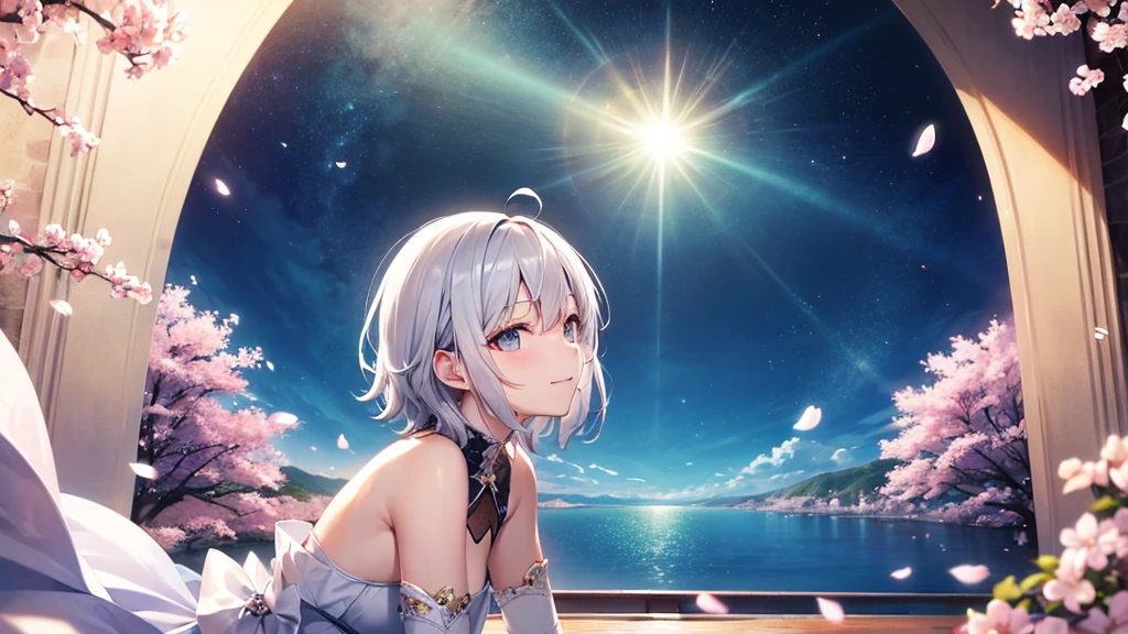 super high quality, with a girl, 20-year-old, very short hair, long bangs between the eyes, gray eyes , blue sky, sunlight, very detailed,(masterpiece、highest quality)、alone、gray hair、laughter、fantasy, silver hair, black eye, beautiful eyes,, ecstasy, charm, be smitten with audience, fantasyな風景、Princess、white clothes、cherry blossoms、night