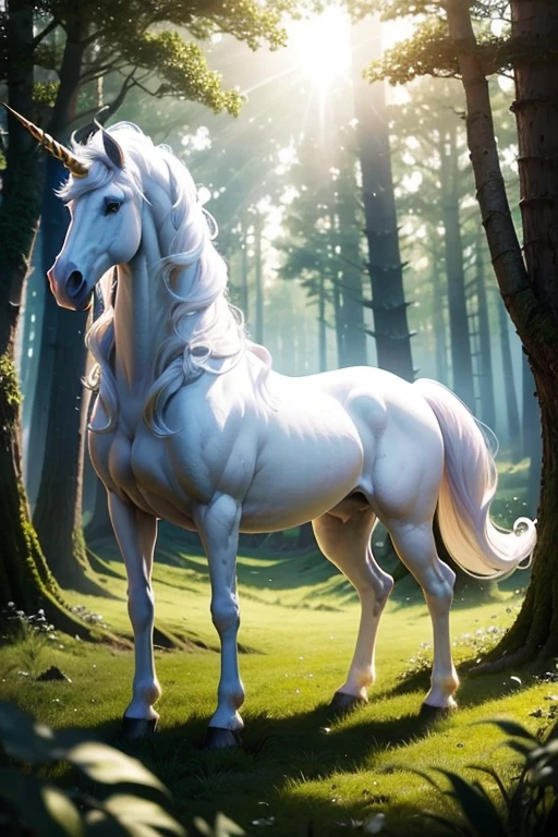monster unicorn White horse beautiful long horns in the forest The sun is shining