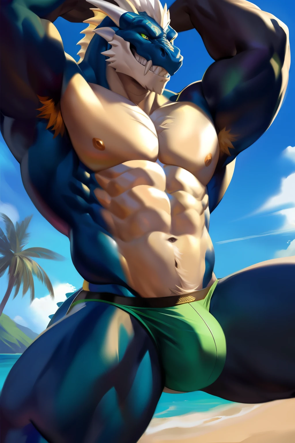 Green dragon, male, muscular body, sexy, high quality, shirtless. Wearing a Speedo that hugs his curves, a nice huge bulge accentuating his virility. Seductive grin stretches across his skull-like head, revealing sharp fangs. The background is the sun-kissed beach with the clear blue waters, creating an alluring contrast to the dragon's ominous presence. NSFW. By chunie. Detailed texturing showcases the intricate scales covering his body, as the sun casts a golden glow on his formidable figure.