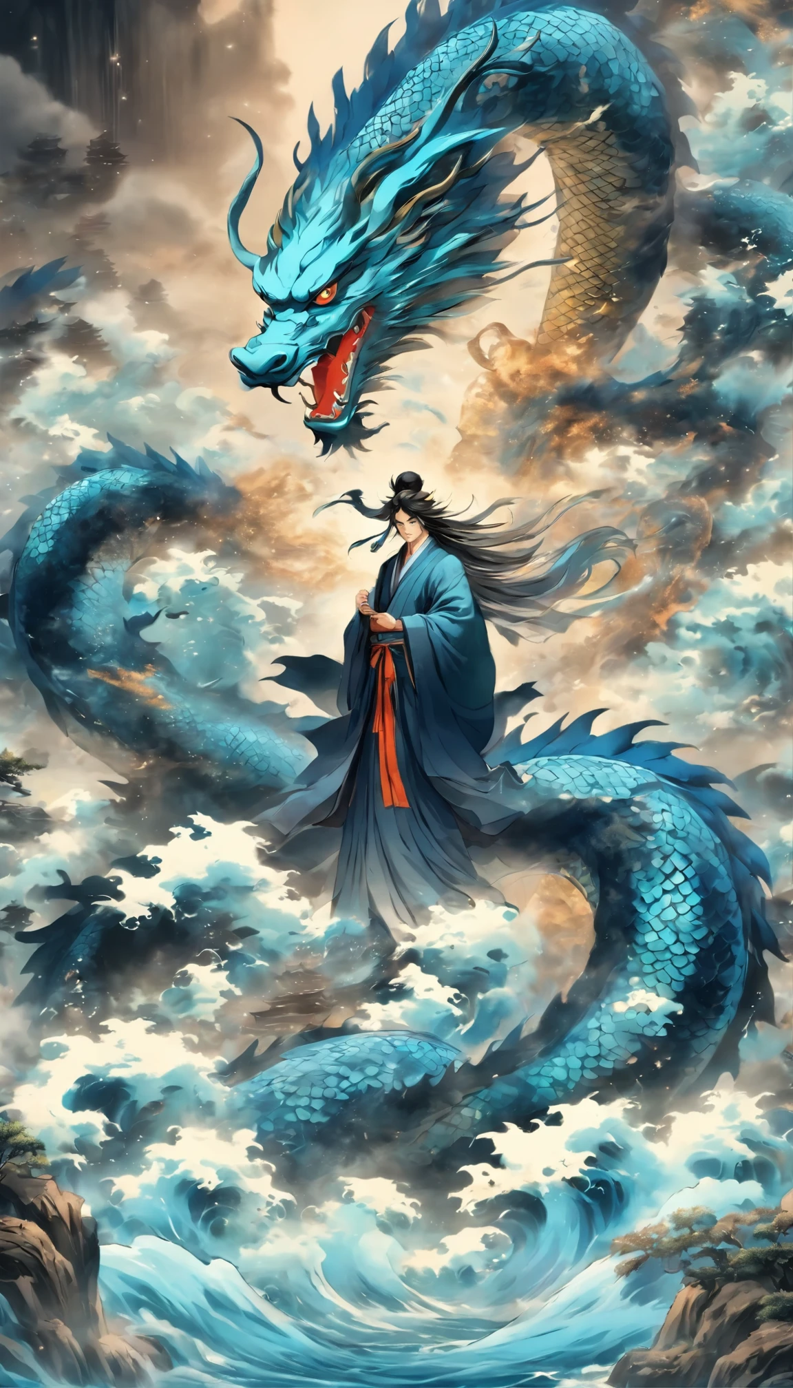 Porcelain style，The medium scene is，Taoist priest stands in front of a huge blue dragon，Water is transparent，stretch out your hands，messy long hair，glow effect，surreal，Super real photos，Chinese black and white ink style，speak，discoloration，soil，Inky，8k，Super fine，high quality，Overclocked renderer