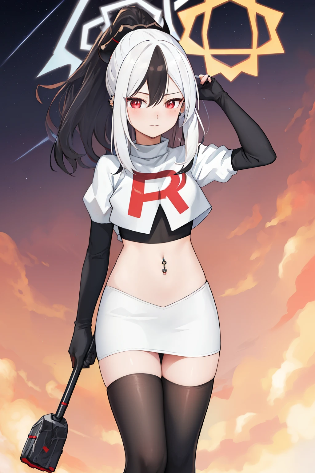 best quality, masterpiece, highres, solo, {kayoko_bluearchive:1.15}, black_hair, multicolored_hair, white_hair, horns, two-tone_hair, red_eyes, bangs, halo, piercing, hair_between_eyes, ear_piercing, ponytail, blush, earclip, long_hair, team rocket,team rocket uniform, red letter R, white skirt,white crop top,black thigh-highs,black elbow gloves