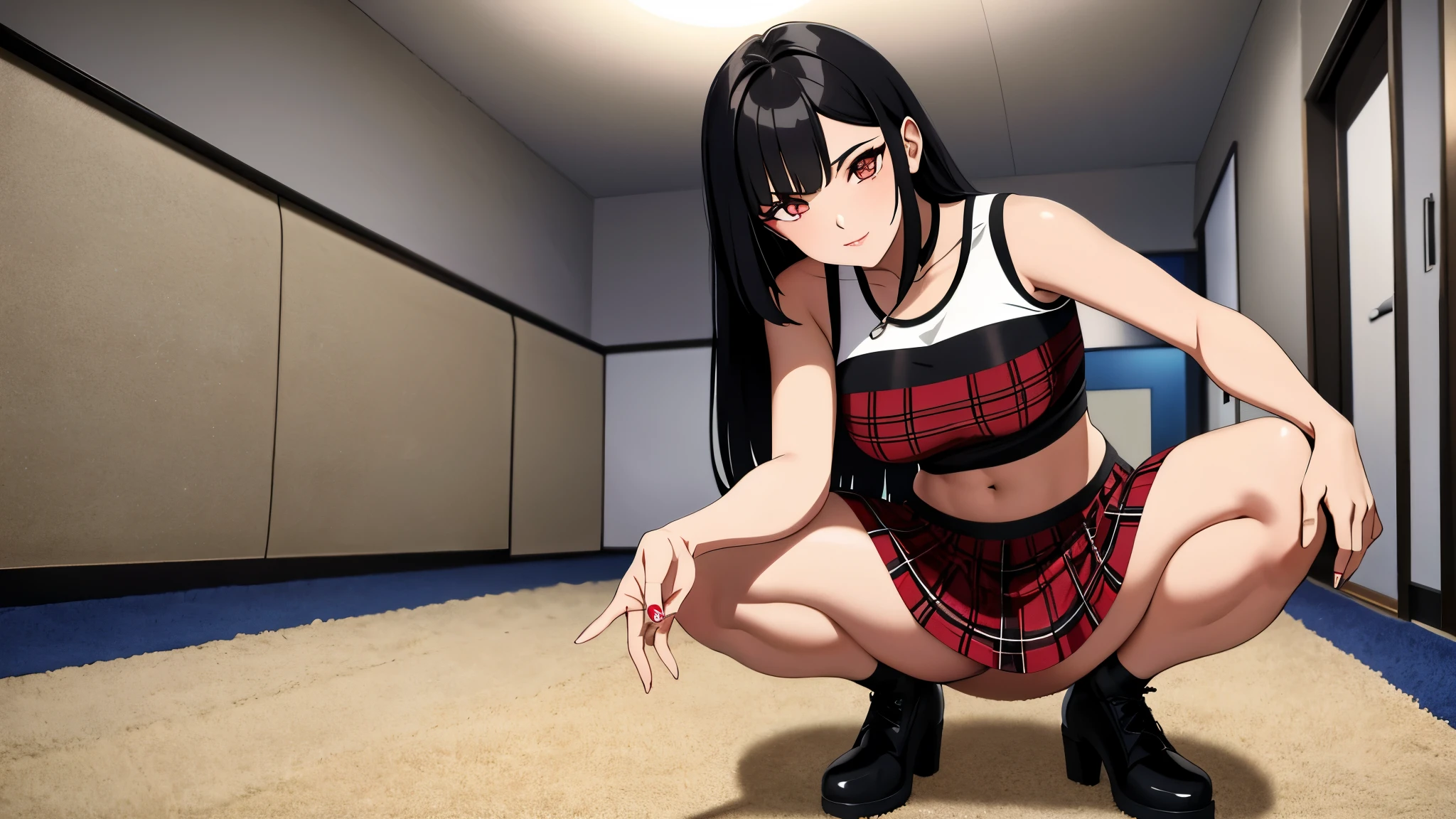 ，（​masterpiece，Highest Quality），crop Top Look，Plaid mini skirt，A dark-haired，carpet, uma mulher de blusa preta e short preto deitada, seductive  anime, estilo de anime ecchi, beautiful  anime squatting, Oppai, garota com top preto