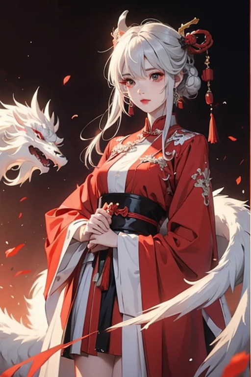 white hair,red eyes,white clothes red clothes,Short skirt,High heel,The body is surrounded by a white Chinese dragon。Long knife in hand,Standing posture,for the audience。