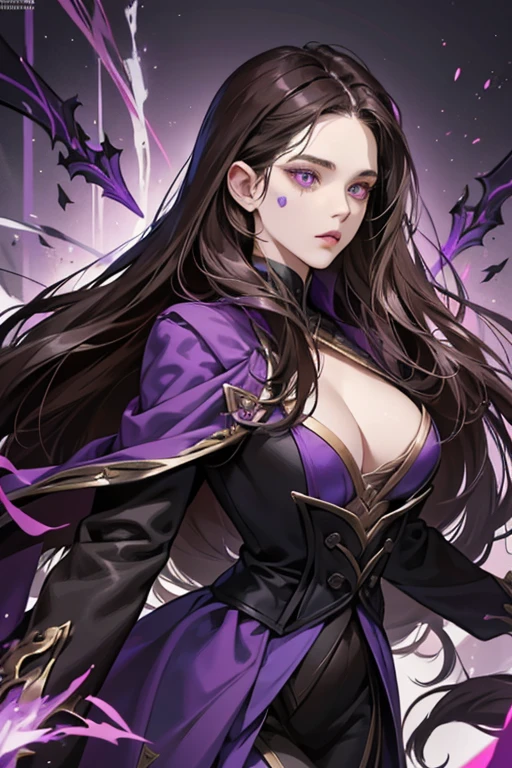 Kai'Sa is a slender, pale-skinned woman with long dark brown hair and violet eyes. Her robes are composed of a Void Symbiote with a distinct palette of grey, dark grey, purple and bronze. The most distinctive ornaments of her attire are some purple marks on her face