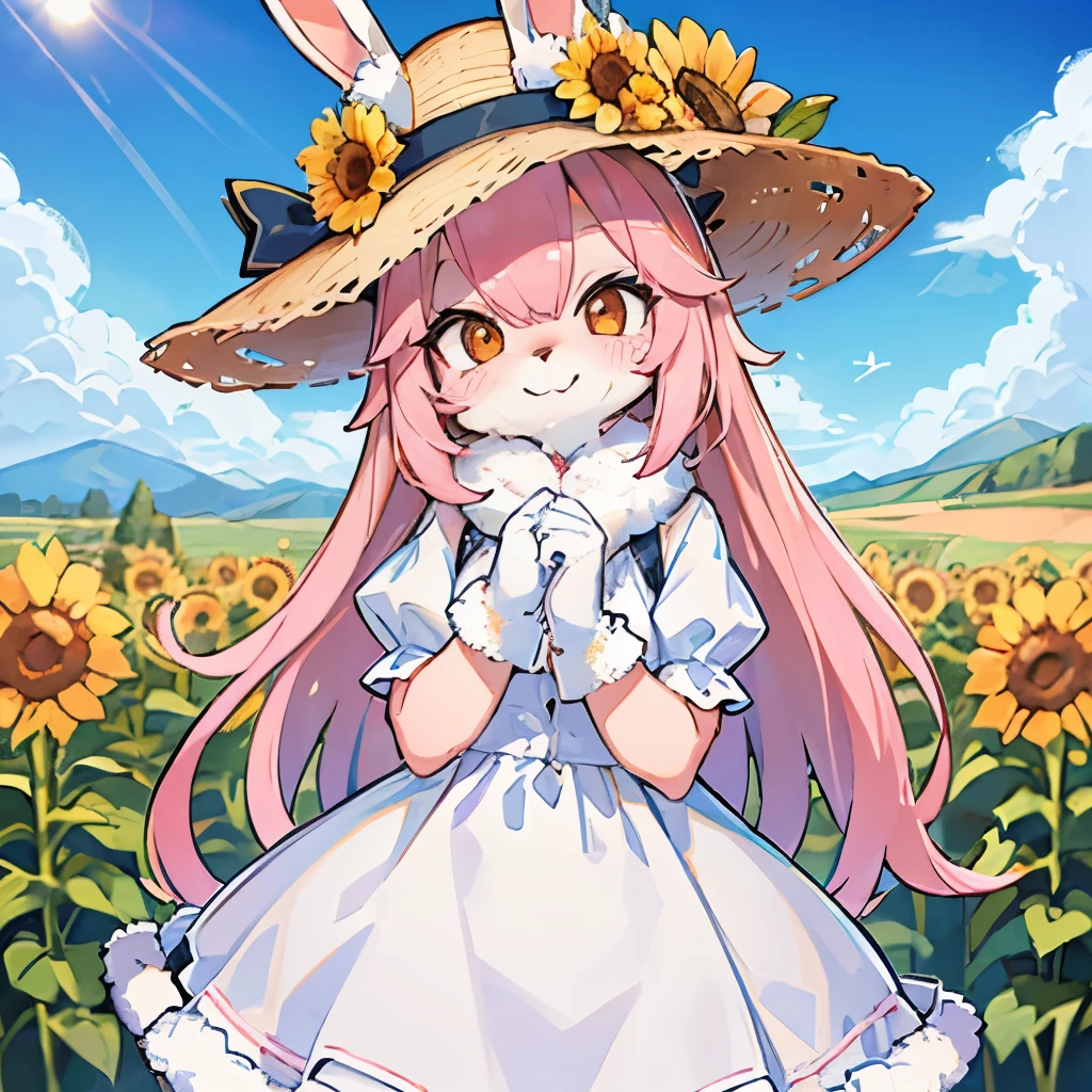 female,bunny,whitedress,sunshine,fun,sunnyday hat,sunflower field,smiley face,pink fur,high detailed fur,