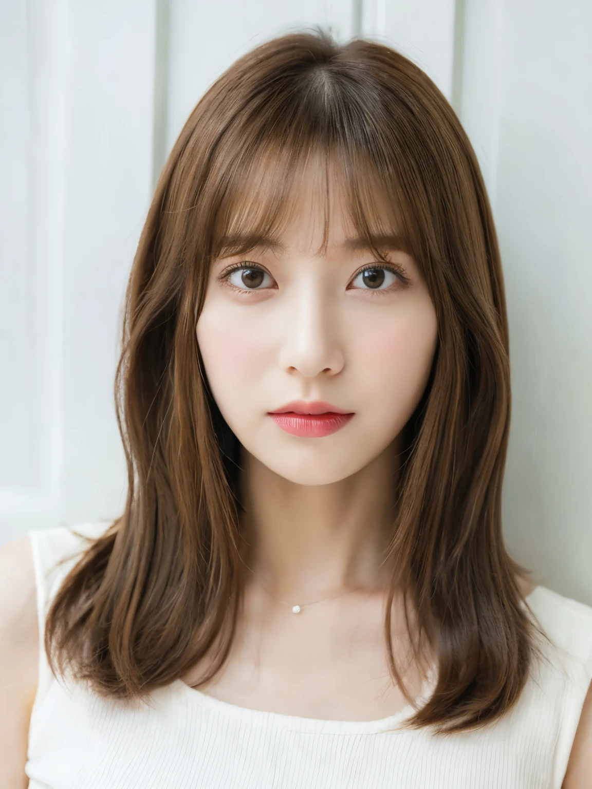 a close up of a woman with a white shirt and a brown hair, shoulder length hair, shoulder - length hair, Hair of medium length, curtain bangs, middle length hair, with short hair, princess cut, shoulder length hair, 白princess cutの髪型, Korean symmetrical face, short～medium hair, shoulder - length, neat hair with bangs、white wall、Taken in front of the white door、((窓のあるwhite wallの部屋))、Versatile poses、simple necklace、layer cut、Don't look at the camera