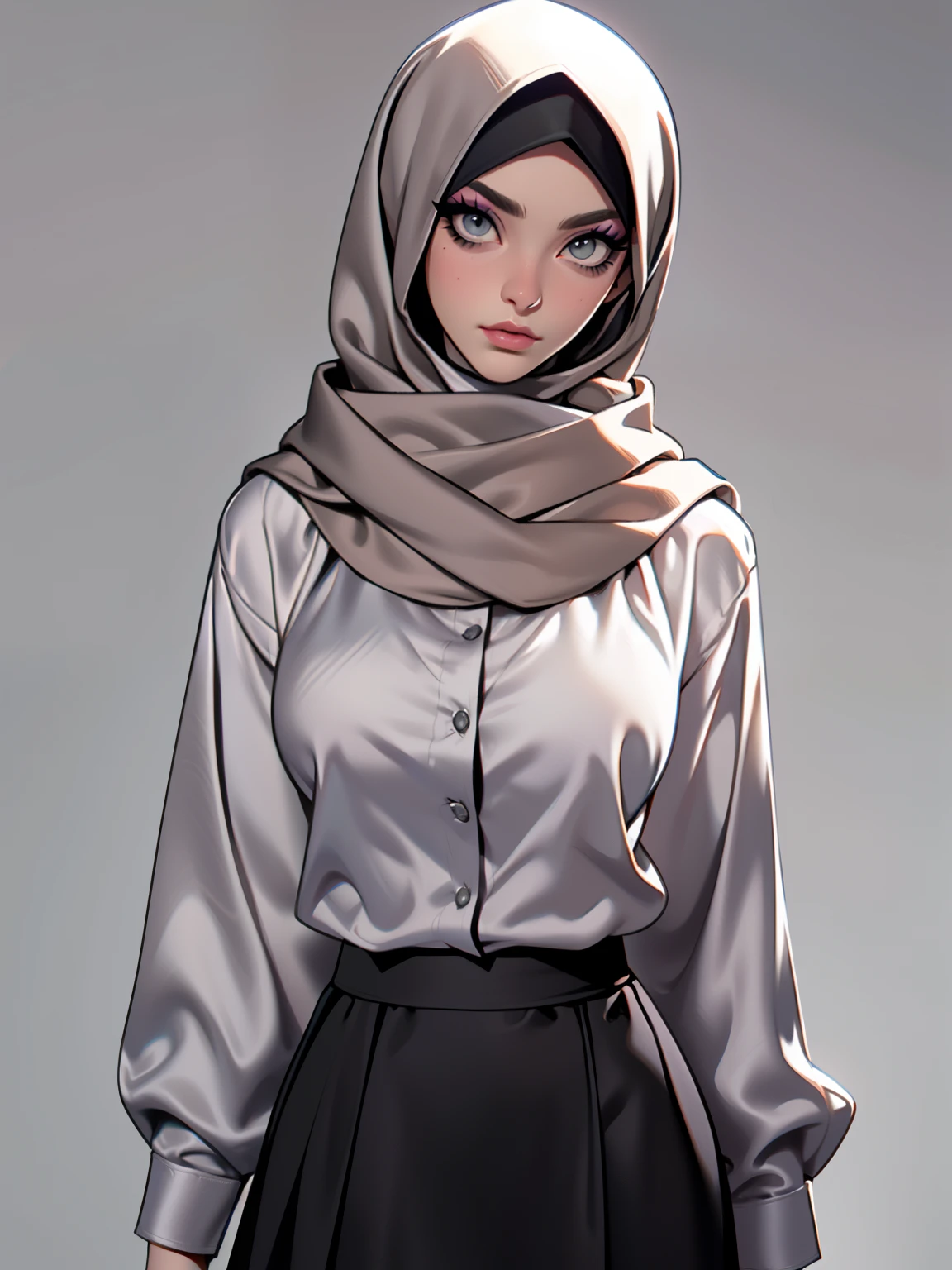 (Masterpiece, best quality) detailed, character sheet, ((a woman, beautifully makeup, eyeshadow, beautiful big eyes, long eye lashes, wearing (Taupe satin hijab), ((gray satin shirt)), satin long maxi skirt)), photography, detailed skin, realistic, photo-realistic, 8k, highly detailed, full length frame, High detail RAW color art, diffused soft lighting, shallow depth of field, sharp focus, hyperrealism, cinematic lighting, yokai illustration style, Aztec art, style artgerm, full of details. Standing Symmetric Centre, facing the viewer, gray background.