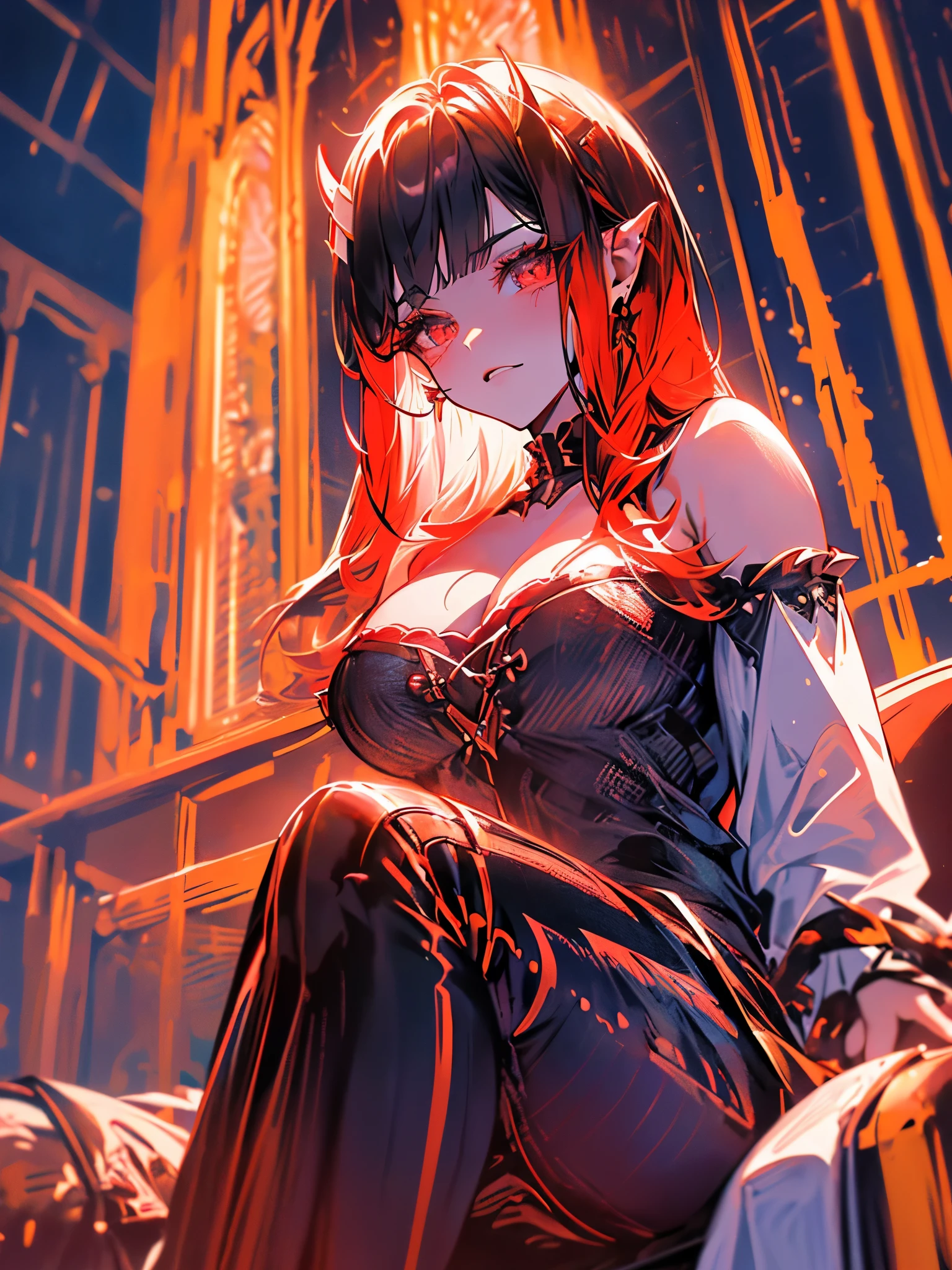 Daughter of Lucifer, big demon horns, extremely reddish eyes, hair as white as snow, long hair, is biting her lips, long red nails, cleavage, voluminous body, small breasts, big ass, fat muscular thighs, (((in a dark place with a tone red, sitting forward with legs apart))), {extremely detailed 16k CG unit wallpaper}, expansive landscape photography, (a low view with focus on character and setting), (wide view of open field ), (low angle shot), (high light: 1.2), (low light: 1.6), (warm light source: 1.2), complex details, (iridescent colors: 1.5), (bright lighting), (atmospheric lighting ), dreamer, unique,
