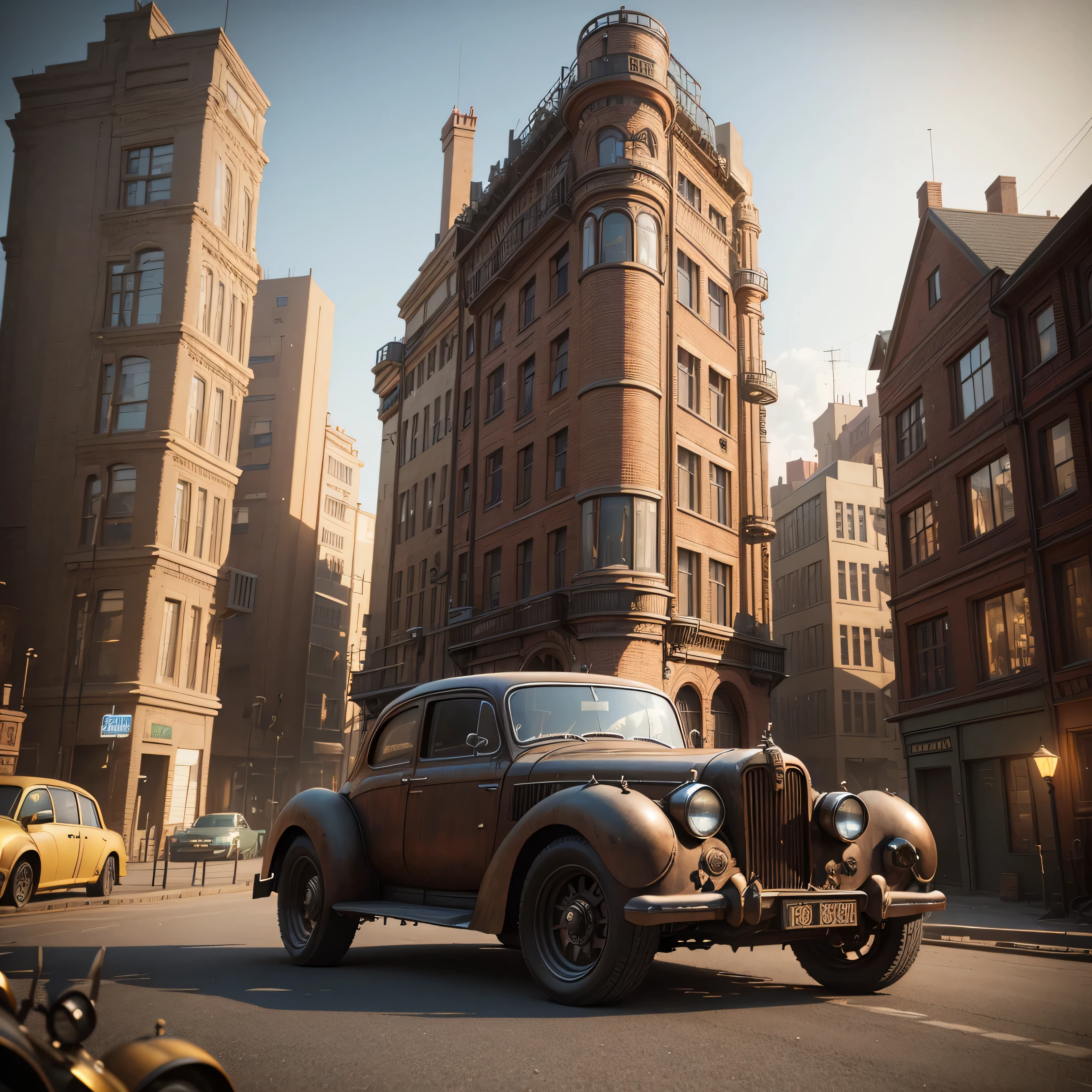 there is a very old car that is on the street, 3d rendered steampunk, steampunk car, futuristic dieselpunk street, cyber steampunk 8 k 3 d, vivid steampunk concept, steampunk digital art, digital steampunk art, art nouveau octane render, steampunk factory background, in steampunk cityscape, hyper detailed 3d render, hyper detailed 3 d render, steam-punk