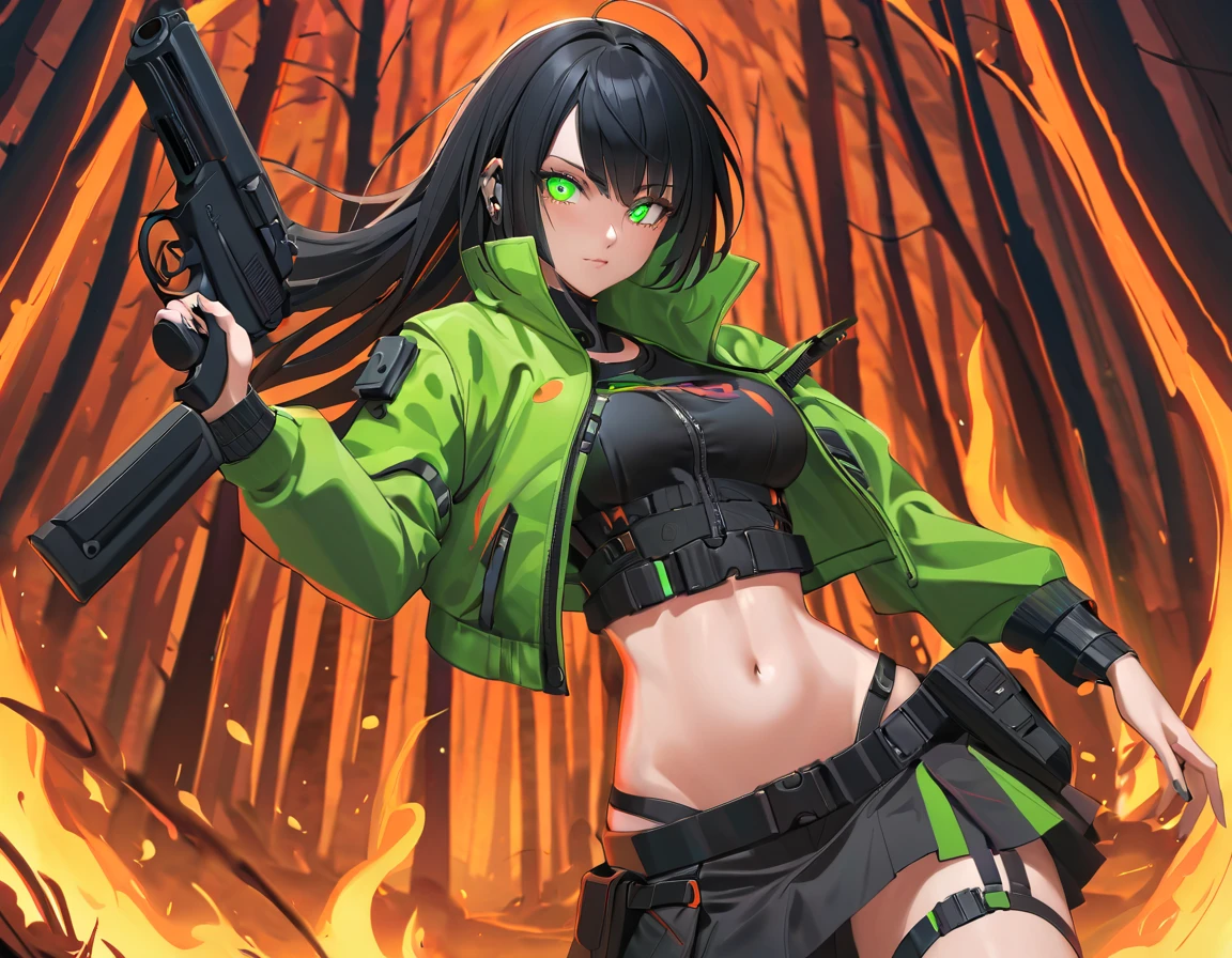 1 girl, solo, long_hair, bangs_between_the_eyes black_hair_with_shake_green, bi_color_
green_neon eyes, sexy_face, gun_in_hand, right_hand, cyberpunk_clothes, short_jacket, navel appears, short_skirt, scarred_legs, left_arm_band, tattoo_above_navel_background_of_abandoned_FOREST_EM_FLAMES, manga_style_image .