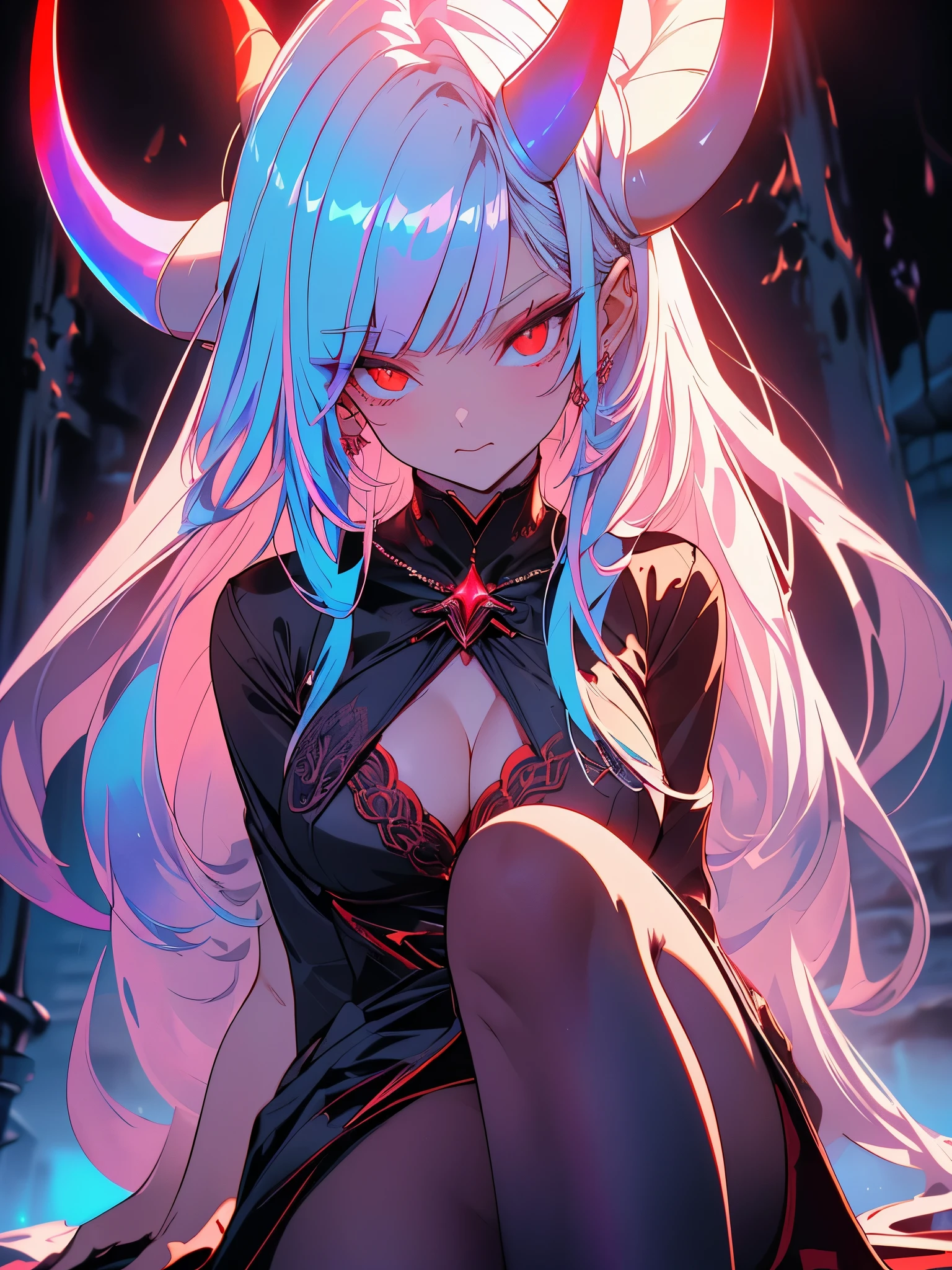 Daughter of Lucifer, big demon horns, extremely reddish eyes, hair as white as snow, long hair, is biting her lips, long red nails, cleavage, voluminous body, small breasts, big ass, fat muscular thighs, (((in a dark place with a tone red, sitting forward with legs apart))), {extremely detailed 16k CG unit wallpaper}, expansive landscape photography, (a low view with focus on character and setting), (wide view of open field ), (low angle shot), (high light: 1.2), (low light: 1.6), (warm light source: 1.2), complex details, (iridescent colors: 1.5), (bright lighting), (atmospheric lighting ), dreamer, unique,