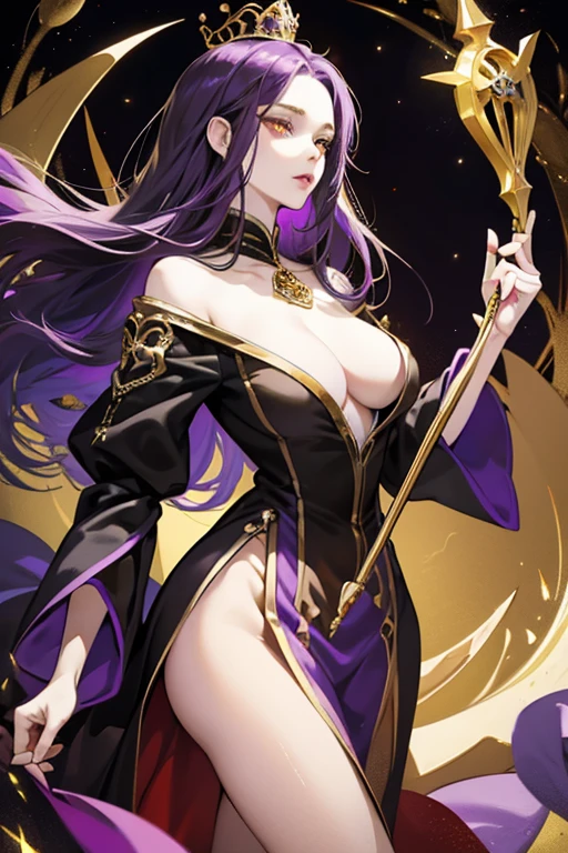 LeBlanc is a slender with dark purple shoulder length hair, golden eyes and paper-like white skinned woman, hence her moniker The Pale Woman. She wears notorious noble raiment with a distinct purple, black and gold palette. The most distinct ornament on her attire is her golden three point crown. She also owns a metallic staff with floating jewels on its tip.