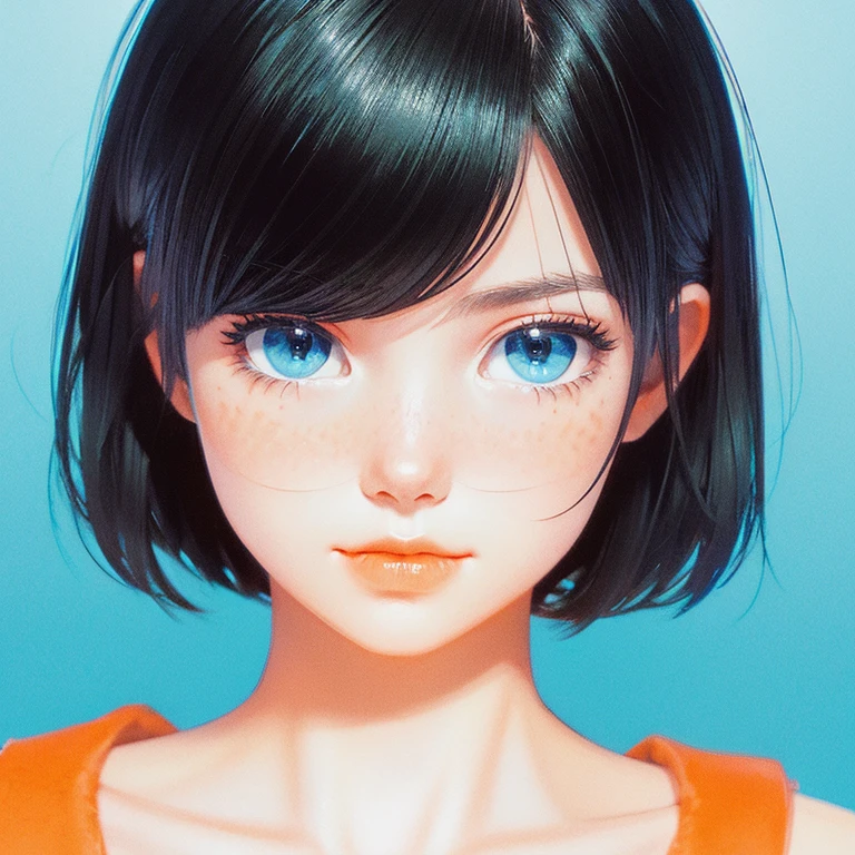 An illustration、Short black hair with orange layers、strong girl、blue eyes、