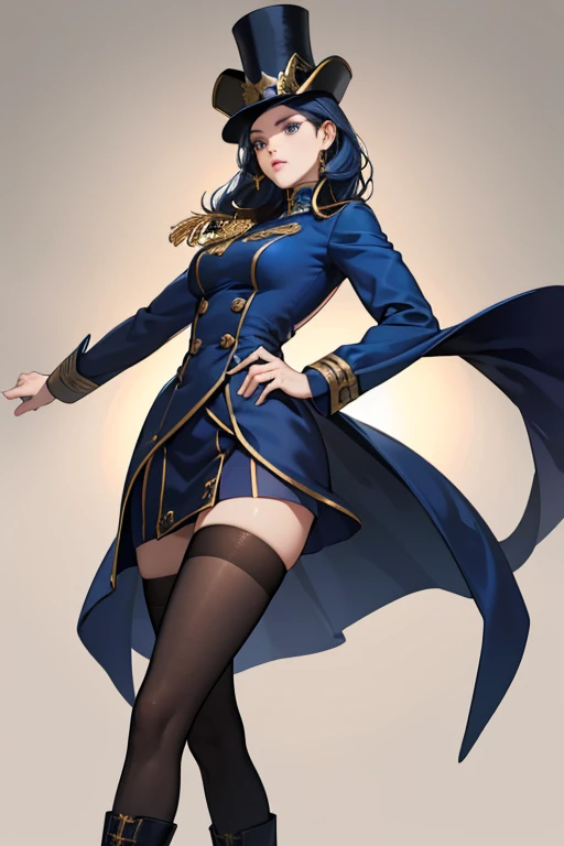 Caitlyn's height is above average, standing 6' tall and slim but muscular build with pale skin, back-length dark blue hair, and piercing deep blue eyes. She is part Piltovan and Ionian.

Her outfit is a combination of white, dark blue, and bronze colors. She consists of a sheriff's uniform with a short navy blue skirt, long navy blue stockings with embellishments and bronze heeled boots and she always wears a matching top hat with the uniform which gives her a classy yet intimidating look.