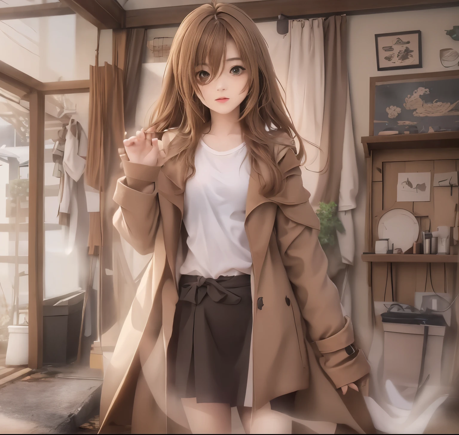 highest quality, realistic anime picture、8k wallpaper, ((beautiful)), (Lovely) ,(((1 girl))),full body portrait、23 years old,(Brown hair long hair))、soft light、(brown coat、white t-shirt、compress on stomach、Open the front of the coat)、inside the house